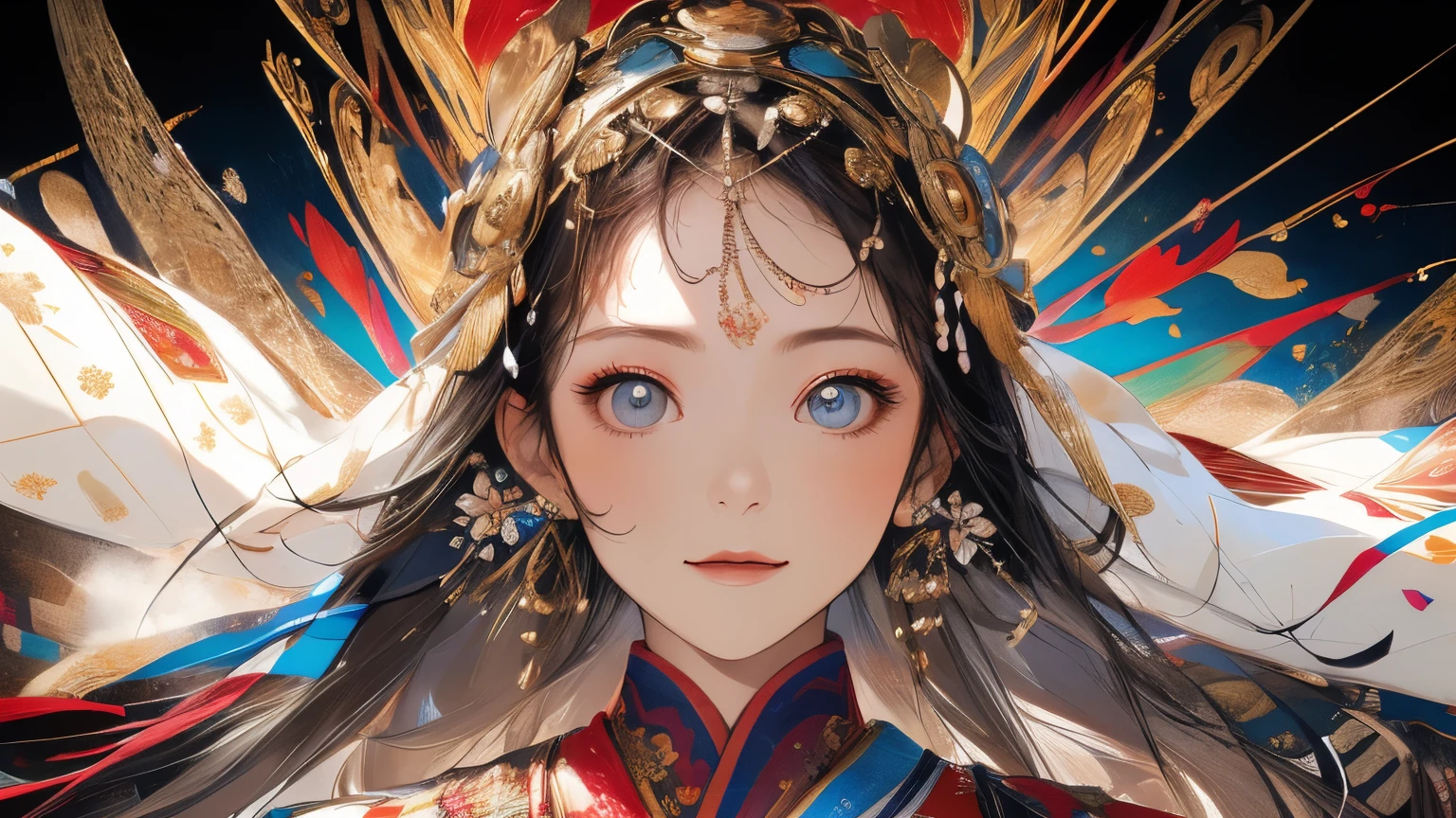 (masterpiece、Highest quality、Highest quality、Official Art、Beautiful and aesthetic:1.4)、Picturesque、Beautiful and well-proportioned face,god々Shii,日本の美Shii女god(((天照大god))),日本の最高god,日本の女god,beautiful girl, (the whole body is facing forward),(((The whole body is facing forward and staring straight at me))),Shining Aura,Shiny white outfit(((Upper Body))),Brown long hair,Big eyes,細部への美Shii配慮, 美Shii唇のディテール, Very detailed顔, Attractive eyes, Long eyelashes, smile, Shy, One Girl,sketch、texture、Ultra-high resolution、solo、beautiful girl、-yeld giflower,Very detailed、(Fractal Art:1.1)、(colorful:1.1)Most detailed、(Tangled:1.2)、(Dynamic pose)、(Abstract background:1.3)、(Glowing Skin)、(Many colors:0.8)、(feather:0.9)、Taisho Roman