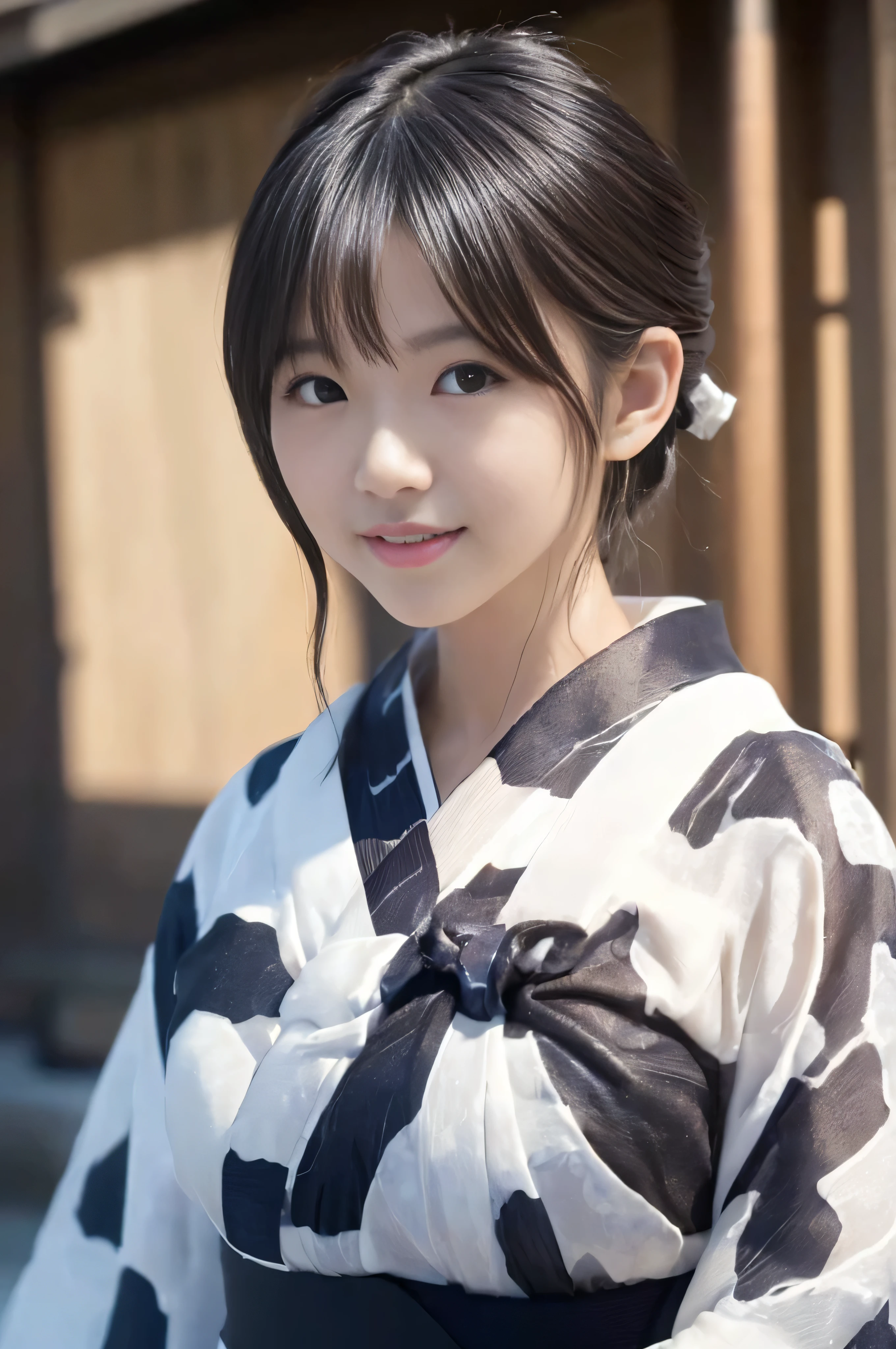 (((A yukata made of thin fabric with a simple pattern:1.4)))、(((Simple obi:1.4))), ((14 years old))、Random Pause、(Highest quality,masterpiece:1.3,Ultra-high resolution,),(Very detailedな,Caustics),(Photorealistic:1.4,RAW shooting,)Ultra-Realistic Capture,Very detailed,High resolution 16K human skin closeup、 Natural skin texture、、Skin tone is even and healthy looking、 Use natural light and colour,1 girl,Japanese,cute,Black-haired,Medium Straight Hair, (((Huge bust:1.4))), smile,,(Written boundary depth、chromatic aberration、、Wide range of lighting、Natural Shading、)、(Kimono with open front),