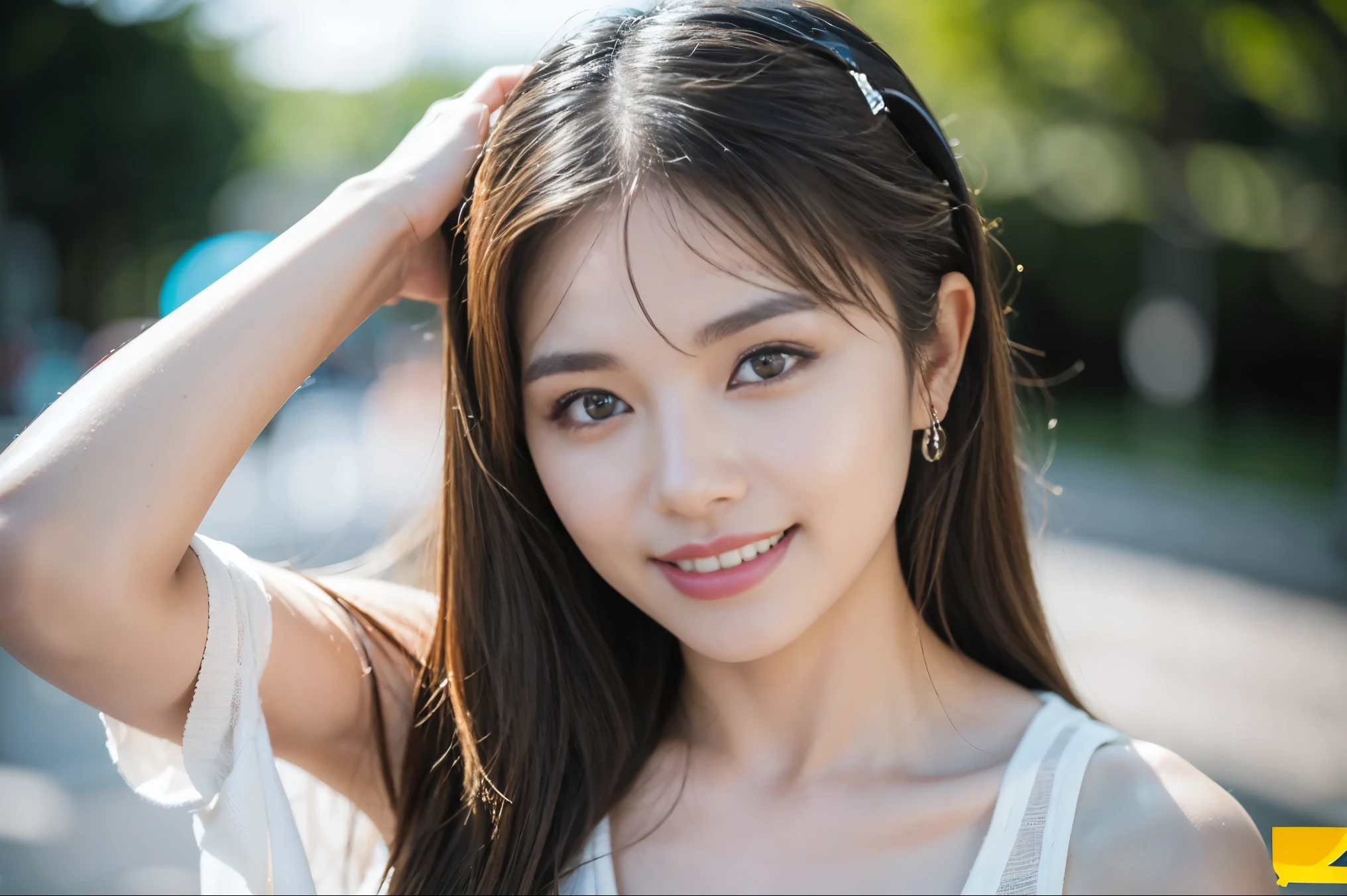 highest quality、shape、 Super detailed、High resolution、8k wallpaper、完璧なダイナミックな構shape,、beautiful and detailed eyes、medium hair、natural color lips、smile、Harajuku、20 year old girl、Check out the sexy shots from the lens、jeans