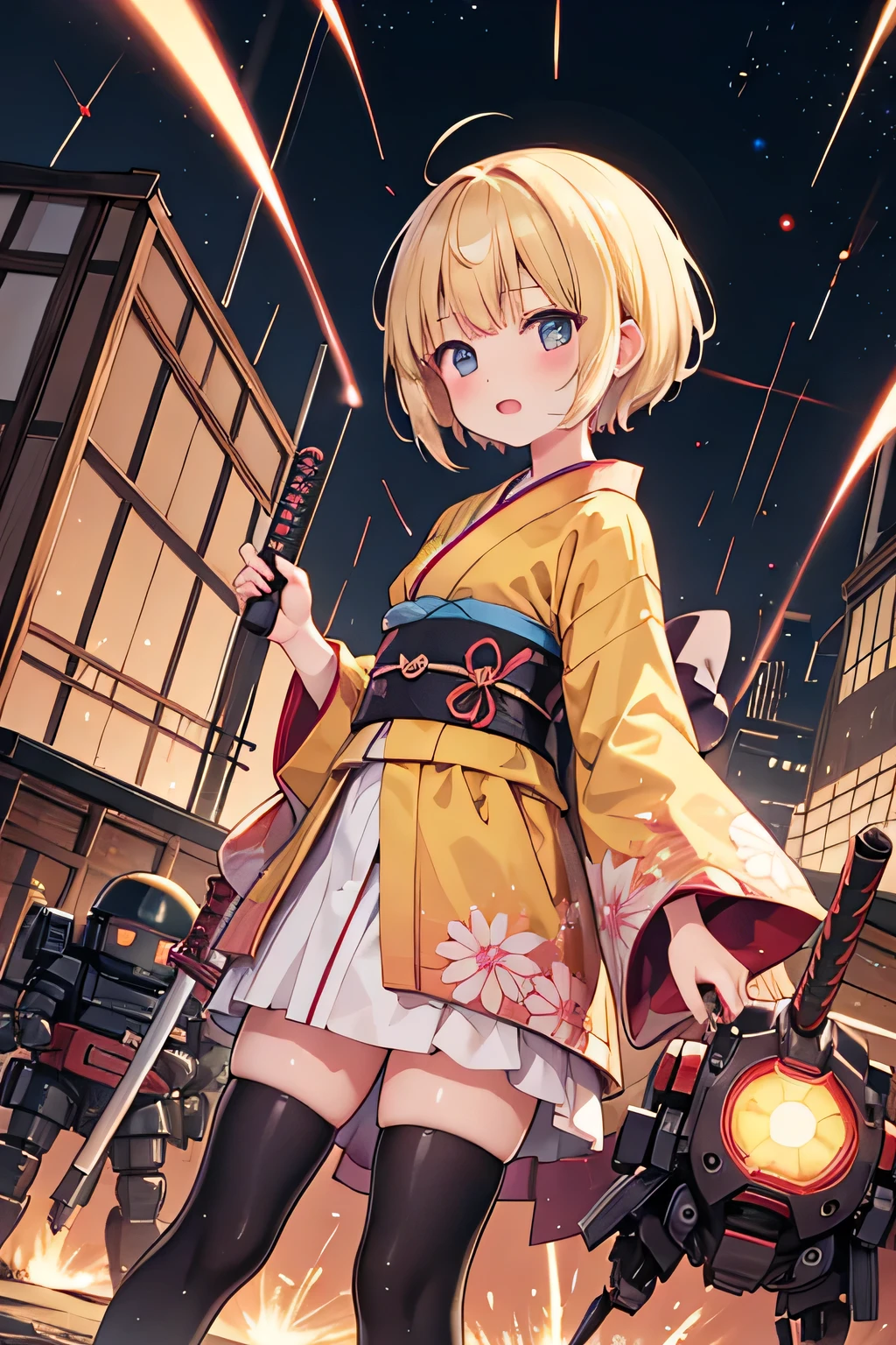 Yamabuki-colored kimono,meca girl,meca,roboT,holding katana,battle field,Short Hair,