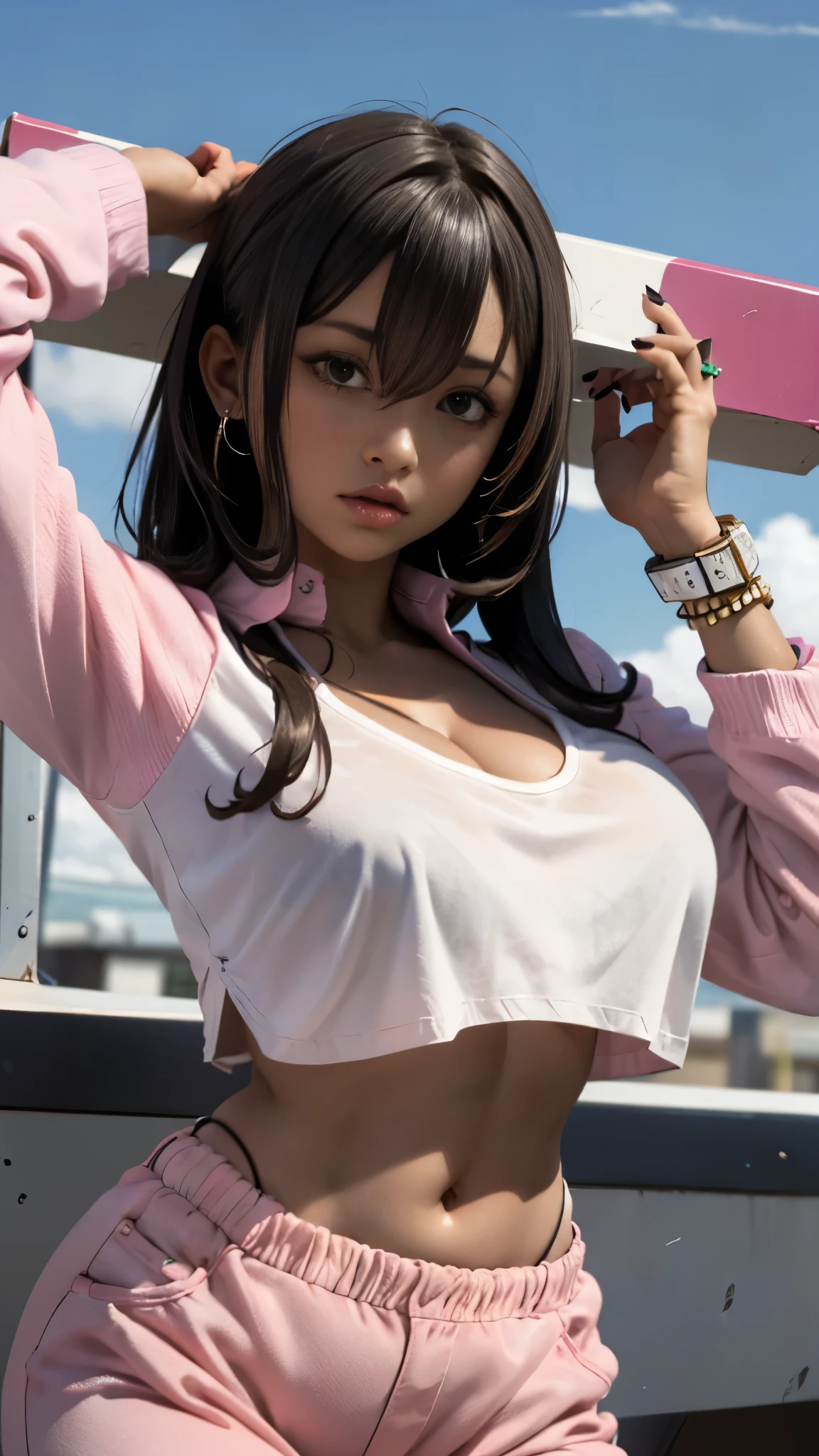 The sky is low, mix_Artwork Style, Hanging , big , Cleavage, Sweaty, sexy, thick, 1 girl, Brown eyes, Pink Hair, Long Hair, Dark Skin, Pierced Ears, Long sleeve, Sleeves are longer than the wrist, Crop top, Improve, lips, White nails, Long nails