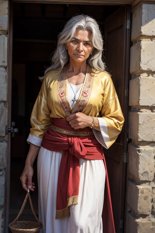 Sarique, at 55 years old, is a woman of medium height and athletic build. His long gray hair frames a face marked by wisdom and determination., and his golden eyes shine with an intensity that reflects his passion for the history and traditions of Caramuru. She has an imposing and at the same time welcoming posture., wearing simple clothes that highlight your humility and dedication to your community.