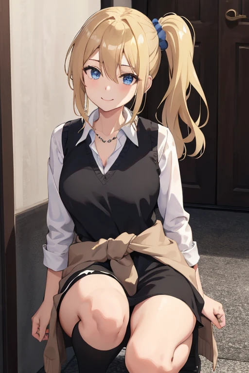 masuter piece, Best Quality, hight resolution, 1girl in, solo, hayasaka ai, Smile,Blue scrunchie, Side Ponytail, hair between eye, Blue eyes, Blonde hair, hair ornament, breasts, , Collared shirt, hair scrunchie, clothes around waist, bangs, Black socks, Black vest, Long hair, Long sleeves, cardigan, side locks, knee high, dress shirts, Necklace, clavicle, Black Dress, Jewelry, Sweaters,