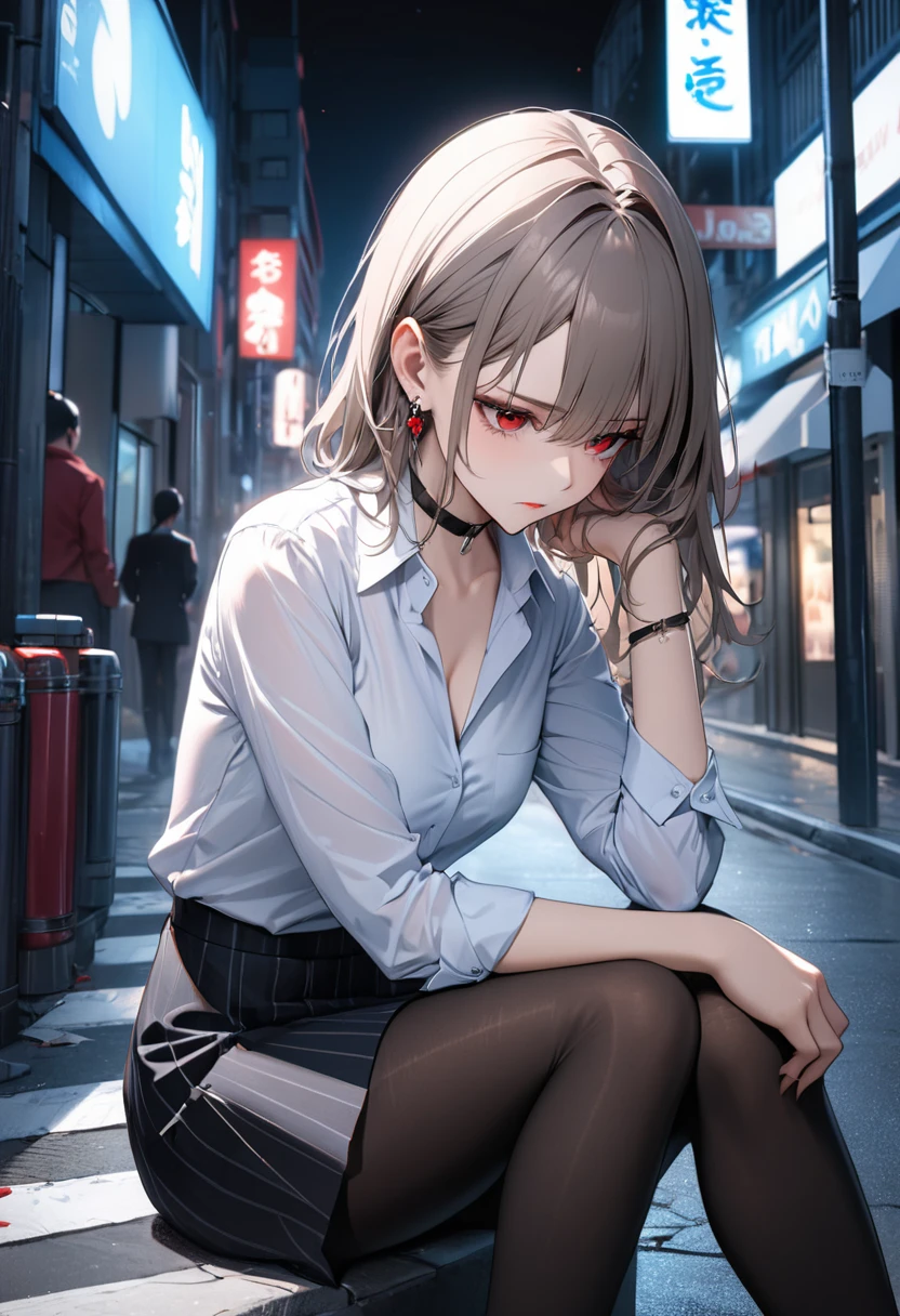 best quality, super_delicate, ultra detailed, beautiful, 8k , 1girl, red eyes, evil, looking down, street, sitting, business shirt, skirt, earrings, choker, black tights, nikke, night
