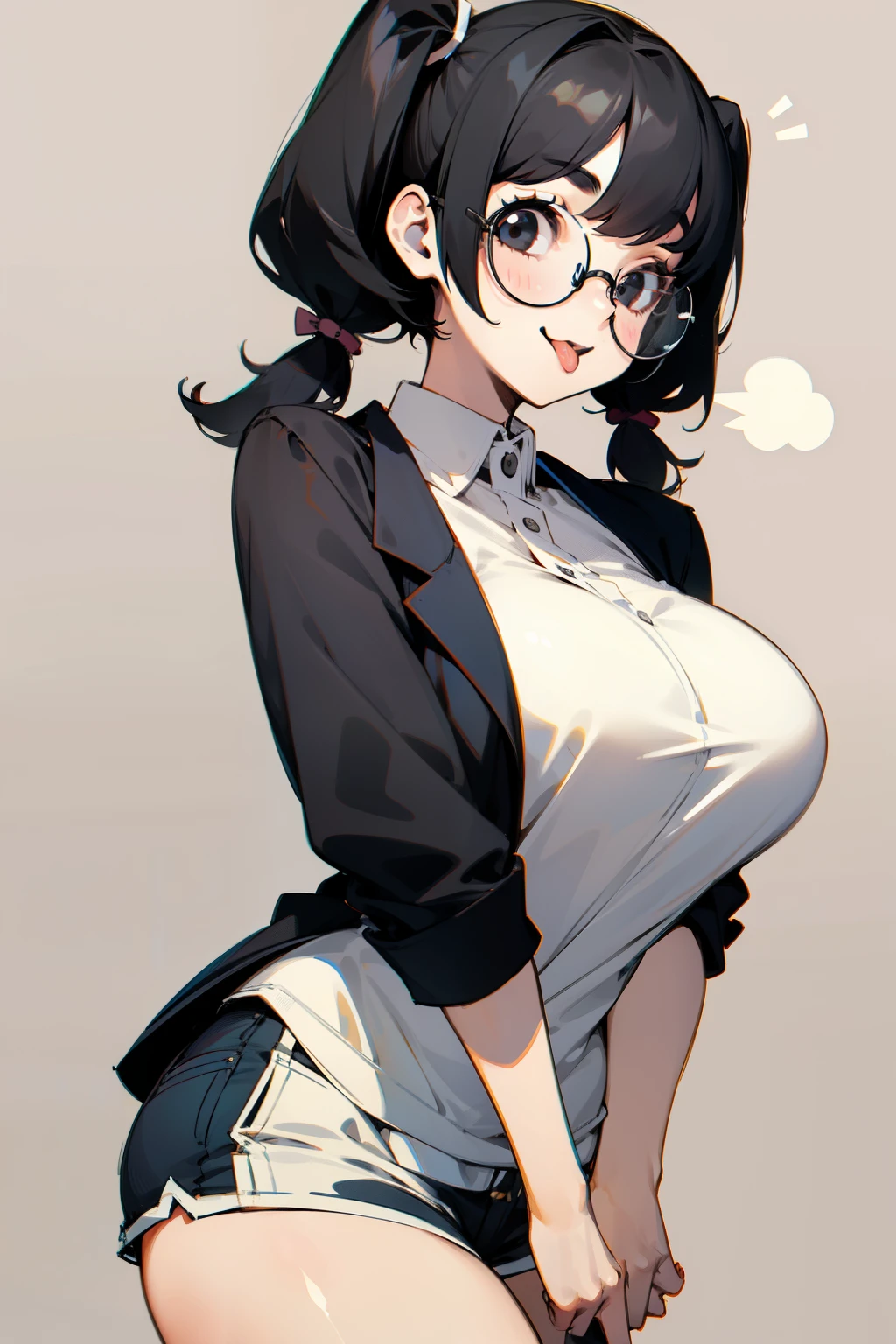 Cute girl, short curly black hair, round glasses, blue eyes, big breasts, short pants.