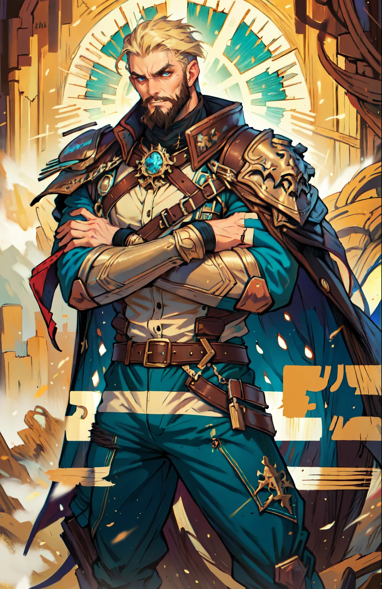 (masterpiece:1.2, best quality:1.2, extremely delicate:1.2), ((male:1.5)), a middle-aged man with short black and gold hair, rugged eyebrows, a full beard, downturned triangular eyes, an arrogant expression, mouth open laughing, a tall and robust build, a fantasy western-style cape and leather coat, his arms crossed over his chest, a leather utility belt, loose canvas trousers, standing majestically on a barren hillside, this character embodies a finely crafted fantasy western-style overlord in anime style, exquisite and mature manga art style, dramatic, high definition, highres, ultra-detailed, ultra-fine painting, professional, perfect body proportions, golden ratio, anatomically correct, symmetrical face, extremely detailed eyes and face, high quality eyes, creativity, RAW photo, UHD, 32k, Natural light, cinematic lighting, (masterpiece-anatomy-perfect:1.2)