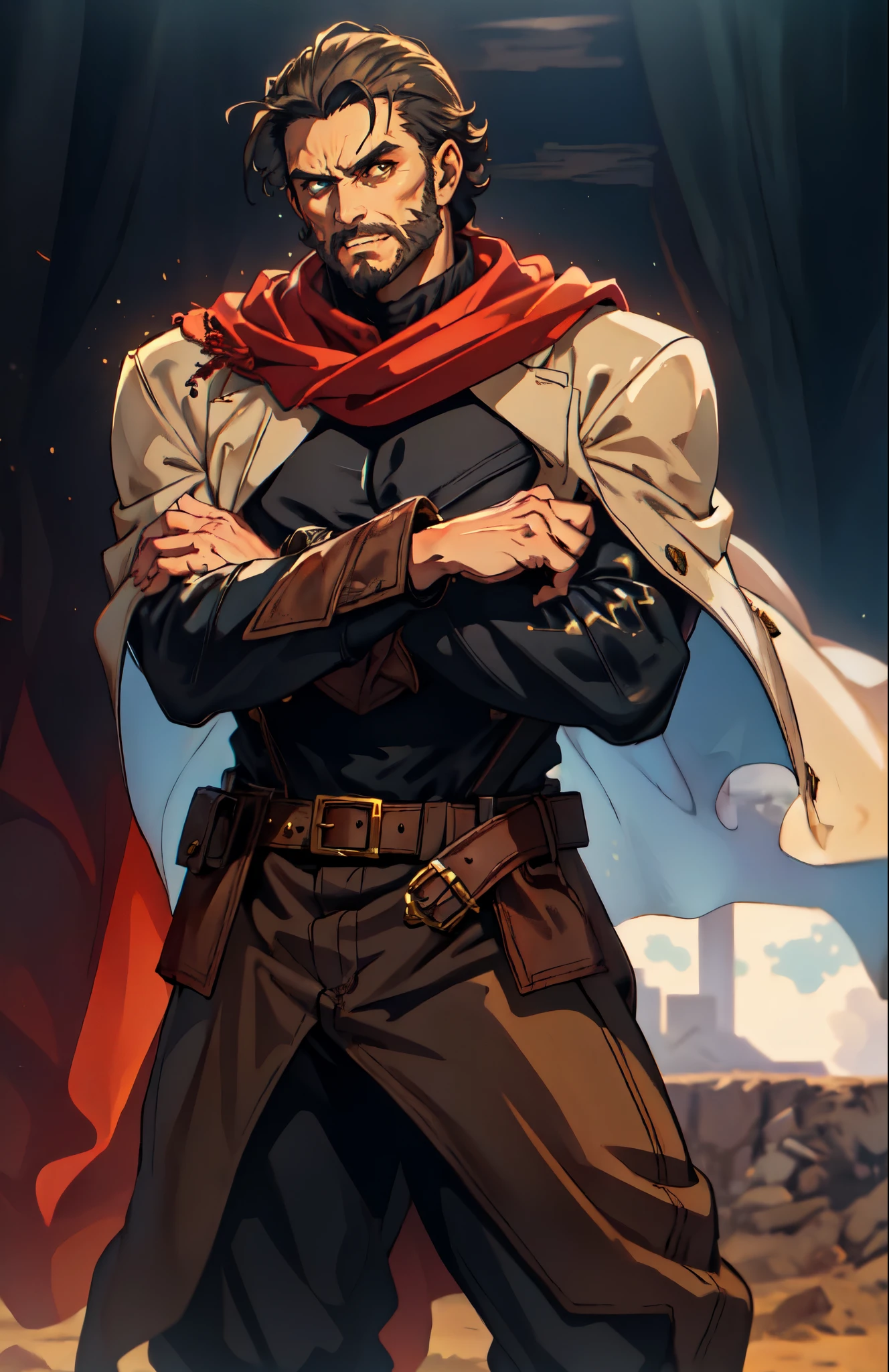 (masterpiece:1.2, best quality:1.2, extremely delicate:1.2), ((male:1.5)), a middle-aged man with short black and gold hair, rugged eyebrows, a full beard, downturned triangular eyes, an arrogant expression, mouth open laughing, a tall and robust build, a fantasy western-style cape and leather coat, his arms crossed over his chest, a leather utility belt, loose canvas trousers, standing majestically on a barren hillside, this character embodies a finely crafted fantasy western-style overlord in anime style, exquisite and mature manga art style, dramatic, high definition, highres, ultra-detailed, ultra-fine painting, professional, perfect body proportions, golden ratio, anatomically correct, symmetrical face, extremely detailed eyes and face, high quality eyes, creativity, RAW photo, UHD, 32k, Natural light, cinematic lighting, (masterpiece-anatomy-perfect:1.2)