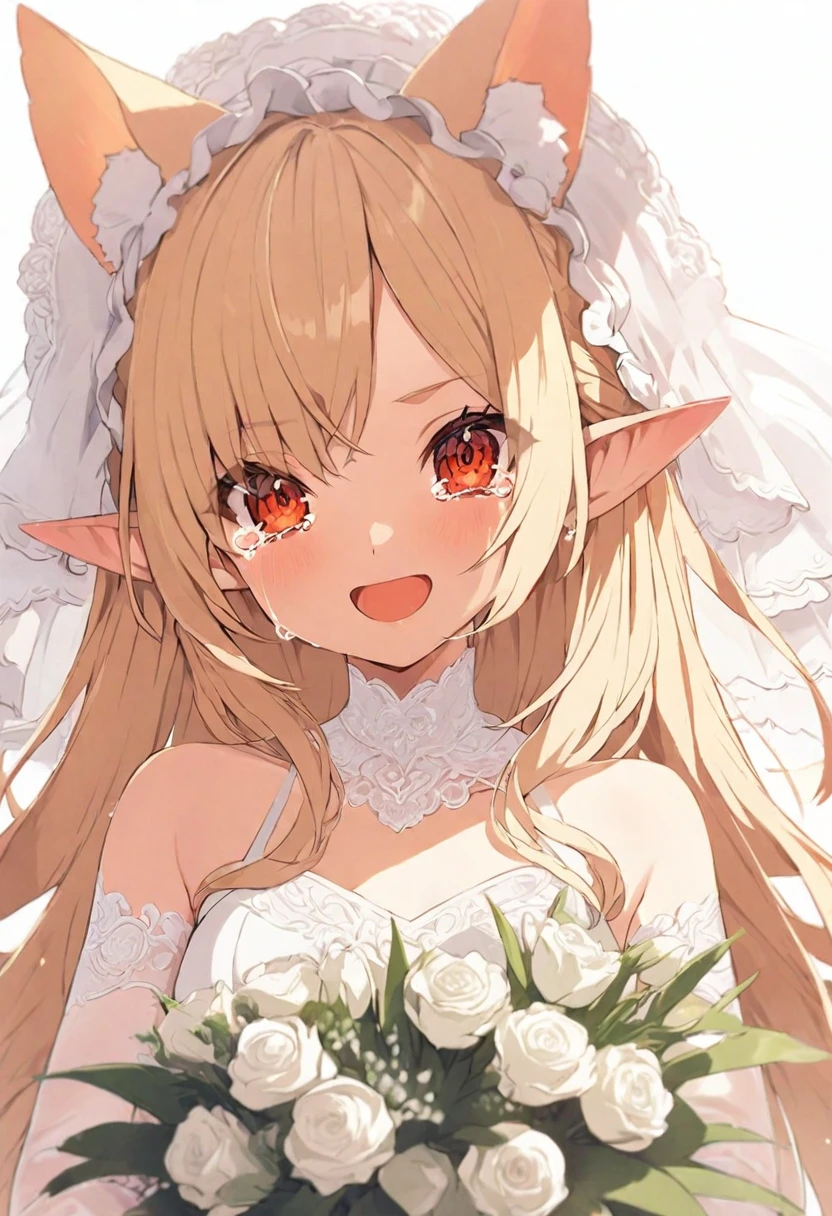 (muste piece), (best quality), (score_9, score_8_up, score_7_up), very detailed eyes, expressive eyes, perfect face, very detailed face, highly detailed face, beautiful girl, 8K, beautiful girl, white background, delicate and beautiful face and eyes, dark intense shadow, 1 girl, vtuber style, cool girl, hololive, vtuber, Shiranui Flare, Elf ears, blond hair, dark skin, see-through:Wedding dress, sleeveless dress, white Long glove, holding wedding bouquet, big , clavicle, happy smlie, Crying with joy, (upper body),