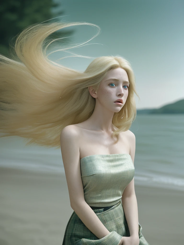 Photo Awarded for Best Quality Masterpiece, Woman, Upper Body, Freckled Face, Blonde Hair, Blonde Hair Blowing in the Wind, Emerald Eyes, Strapless Dress, Fashionable by Jeremy Lipking by Antonio J. Manzanedo by lee jeffries Nikon D850 film photography 4 cameras Kodak portra 400 f1 lens.6 realistic colors, realistic textures hyper realistic unrealistic lighting mechanism trend on artstation cinestill 800, fisheye lens, short skirt style, windy beach, Scottish Lake, forest