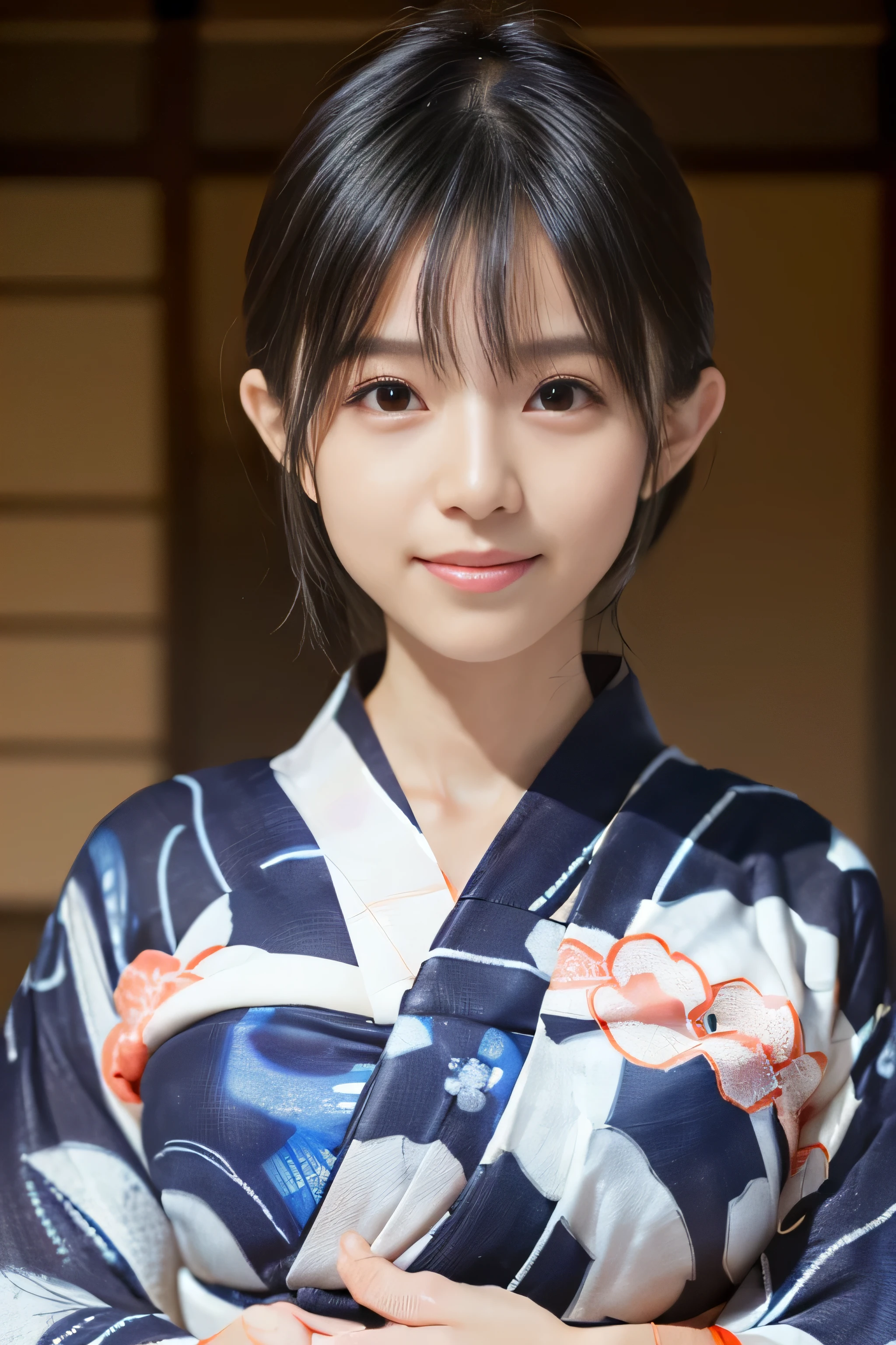 (((A yukata made of thin fabric with a simple pattern:1.4)))、(((Simple obi:1.4))), ((14 years old))、Random Pause、(Highest quality,masterpiece:1.3,Ultra-high resolution,),(Very detailedな,Caustics),(Photorealistic:1.4,RAW shooting,)Ultra-Realistic Capture,Very detailed,High resolution 16K human skin closeup、 Natural skin texture、、Skin tone is even and healthy looking、 Use natural light and colour,1 girl,Japanese,cute,Black-haired,Medium Straight Hair, (((Huge bust:1.4))), smile,,(Written boundary depth、chromatic aberration、、Wide range of lighting、Natural Shading、)、(Kimono with open front),