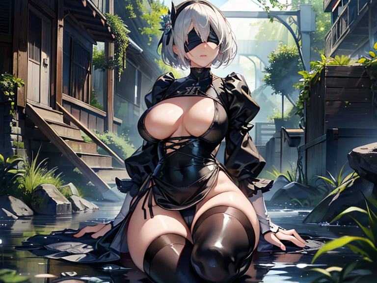 2b,Yoruhano. 2 Type B,Nier Automata,Perfect Face,One girl,Game Characters,((Blindfold:1.4)),(黒のBlindfold布_eyes covered),
((Highest quality)), ((masterpiece)),(detailed),High resolution,Sharp focus,(非常にdetailed CG unity 8k wallpaper),(((Vibrant colors))),{best illustration},
(Realistic eyes, Natural skin texture, Realistic facial details),(complete anatomy),Perfect Fingers,  
High resolution,Two-dimensional beautiful girl,Super Beauty,gleaming skin,Shiny silver hair, (Huge hips:1.1),(Huge breasts, Glamour:1.2),
Short Bob Hair,Big Breasts,glamorous_expensive_Tight waist_Long legs,curve, hair band,mole under lips,
erotic,Bold,露出度のexpensive服装,show 肌,Camel Toe,(erection of nipple),
Juliet Sleeve,Puffy sleeves,Feather ornament,
Knee socks,Thigh-high boots,Patent leather shiny black dress,
smile,　Lie on side,　Open legs wide, spread legs, Raise one leg,
Silent Water Surface,Plants are overgrown,reflection,Dazzling Light, Ancient ruins buried in the forest,weed,
dutch angle, 　