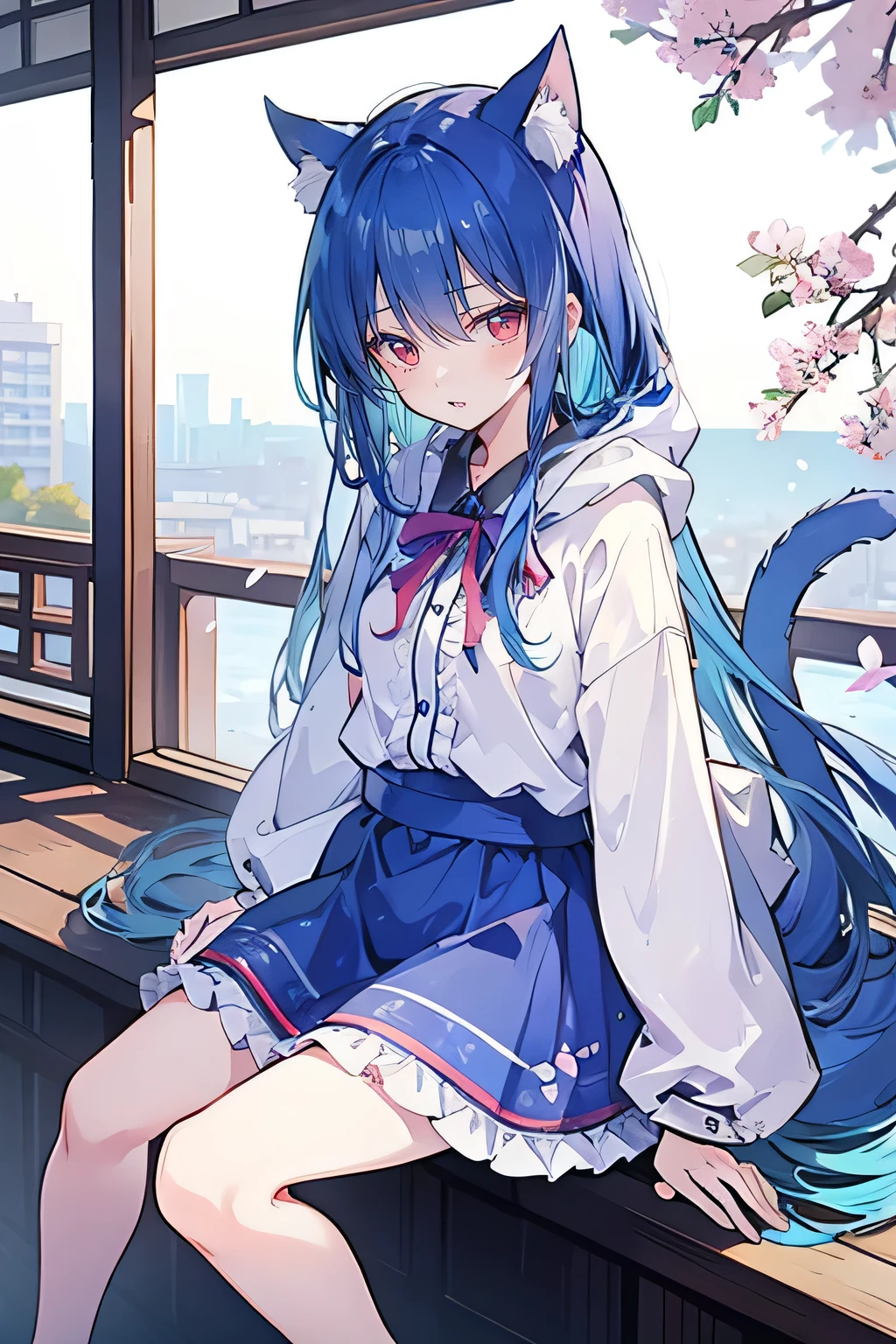 （maSterpiece：1.2），Super detailed，lifelike，ExpreSSive eyeS，fair Skin，perfect face Shape，1 girl，
JapaneSe comicS,GorgeouS blue hair,flowing blue hair,flowing clotheS,Cat earS,PetalS fall,beautiful lola,Baby Angel，The pavilion iS cool and comfortable,Smile, wearing hoodie, background of tokyo,back viewS,Snowing,Sitting on window Sill drinking coffee and looking out.
