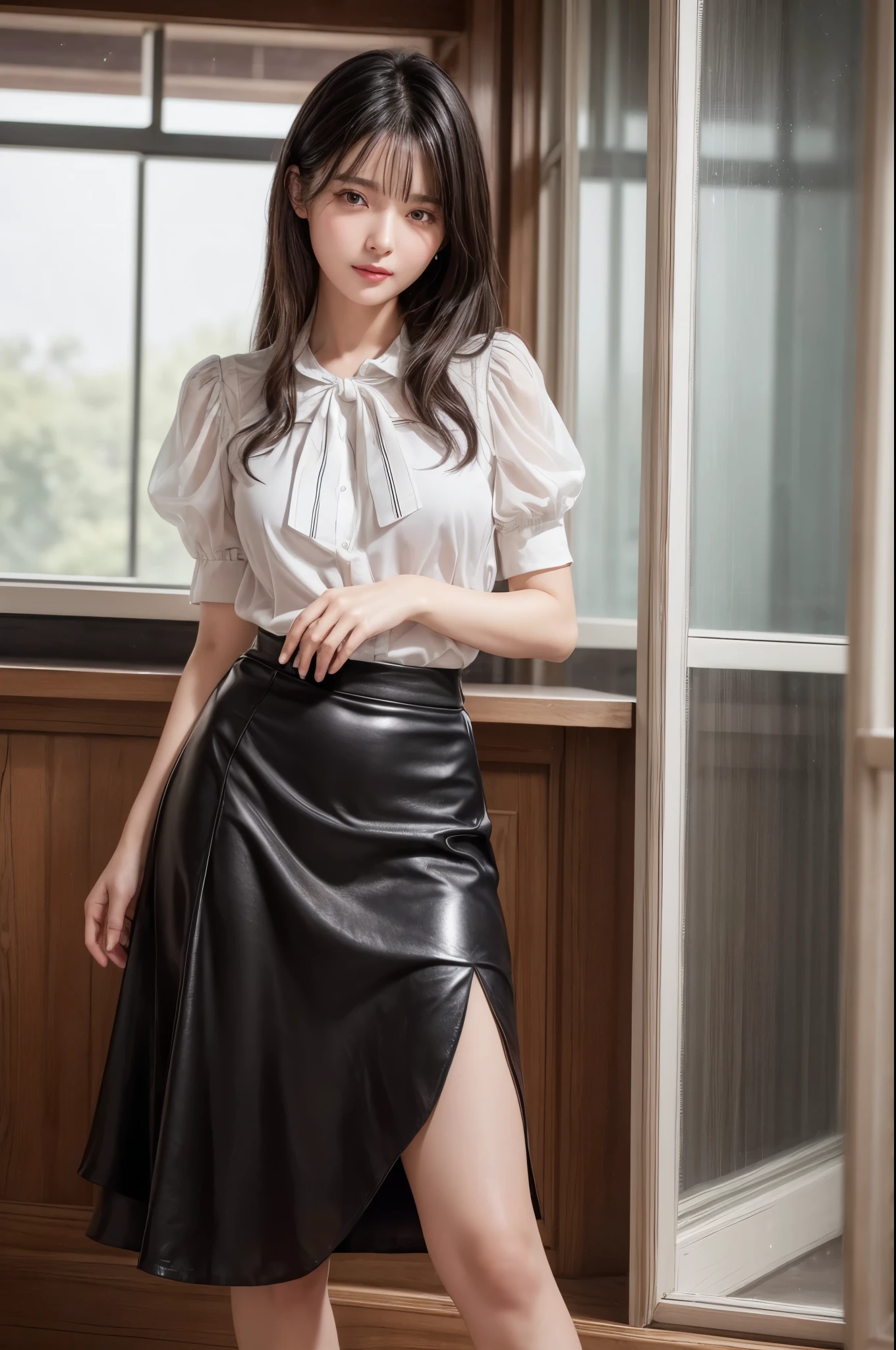 ((Best image quality、8k、masterpiece:1.3))、Realistic high-quality photos、Highest quality、Beautiful and elegant face and eyes、Black Hair、Shiny Hair、 OL、Wearing a short-sleeved blouse、Wear a long skirt、Full Body Shot、Well-balanced proportions、Anatomically correct body、