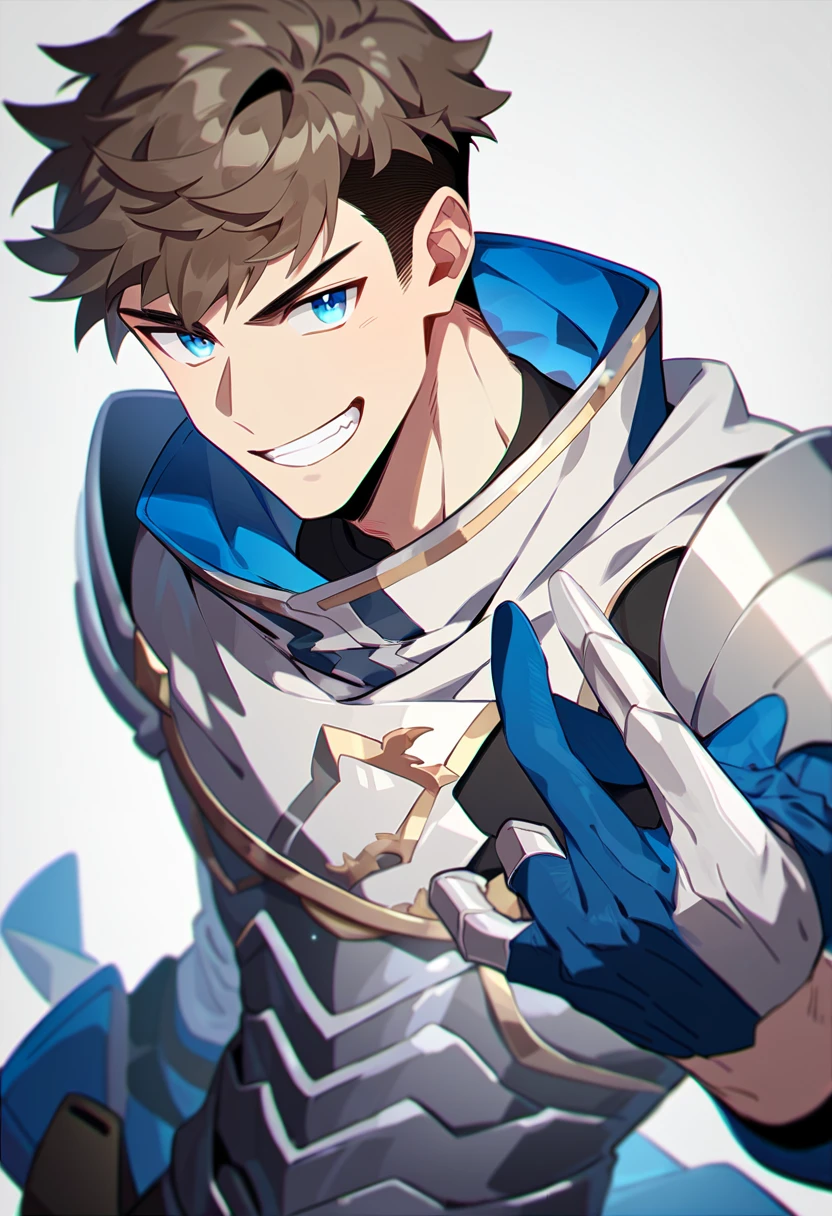 2 young men, focus man , pair, smile,( human, dark brown hair, blue eyes, Wearing a silver knight outfit) , Middle Ages, Fantasy, The best aesthetics , best quality, Amazing quality, The best aesthetics
