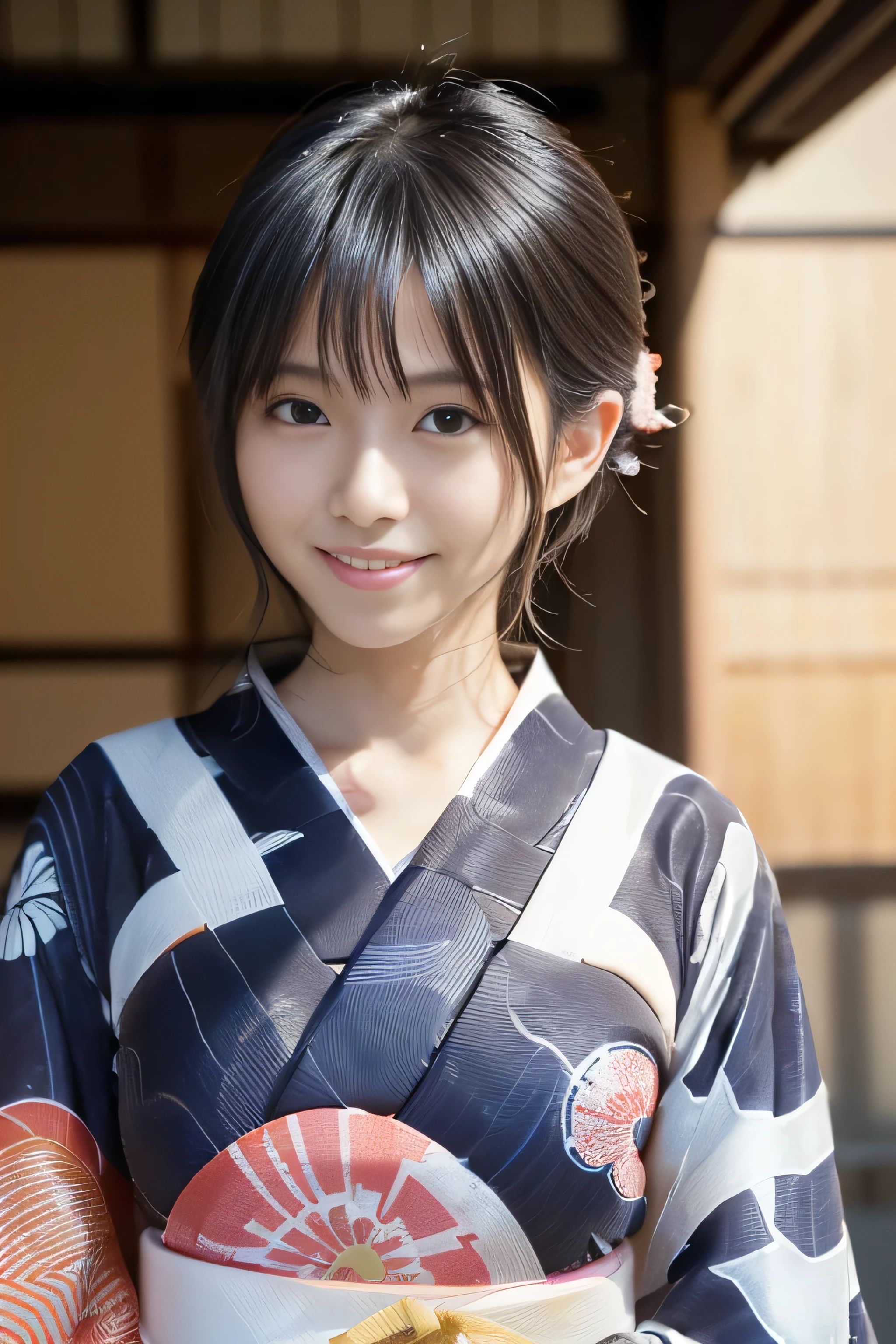 (((A yukata made of thin fabric with a simple pattern:1.4)))、(((Simple obi:1.4))), ((14 years old))、Random Pause、(Highest quality,masterpiece:1.3,Ultra-high resolution,),(Very detailedな,Caustics),(Photorealistic:1.4,RAW shooting,)Ultra-Realistic Capture,Very detailed,High resolution 16K human skin closeup、 Natural skin texture、、Skin tone is even and healthy looking、 Use natural light and colour,1 girl,Japanese,cute,Black-haired,Medium Straight Hair, (((Huge bust:1.4))), smile,,(Written boundary depth、chromatic aberration、、Wide range of lighting、Natural Shading、)、(Kimono with open front),