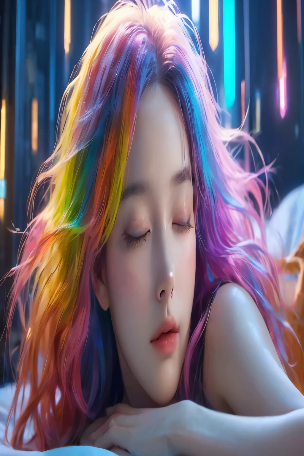 (best quality,8k,very detailed:1.2),(CG,cg art,3D rendering),(masterpiece:1.2),(movie lights,futuristic),(woman lying in bed,sleeping,closed eyes),(big window behind her,silent Night),(colorful hair:1.5)