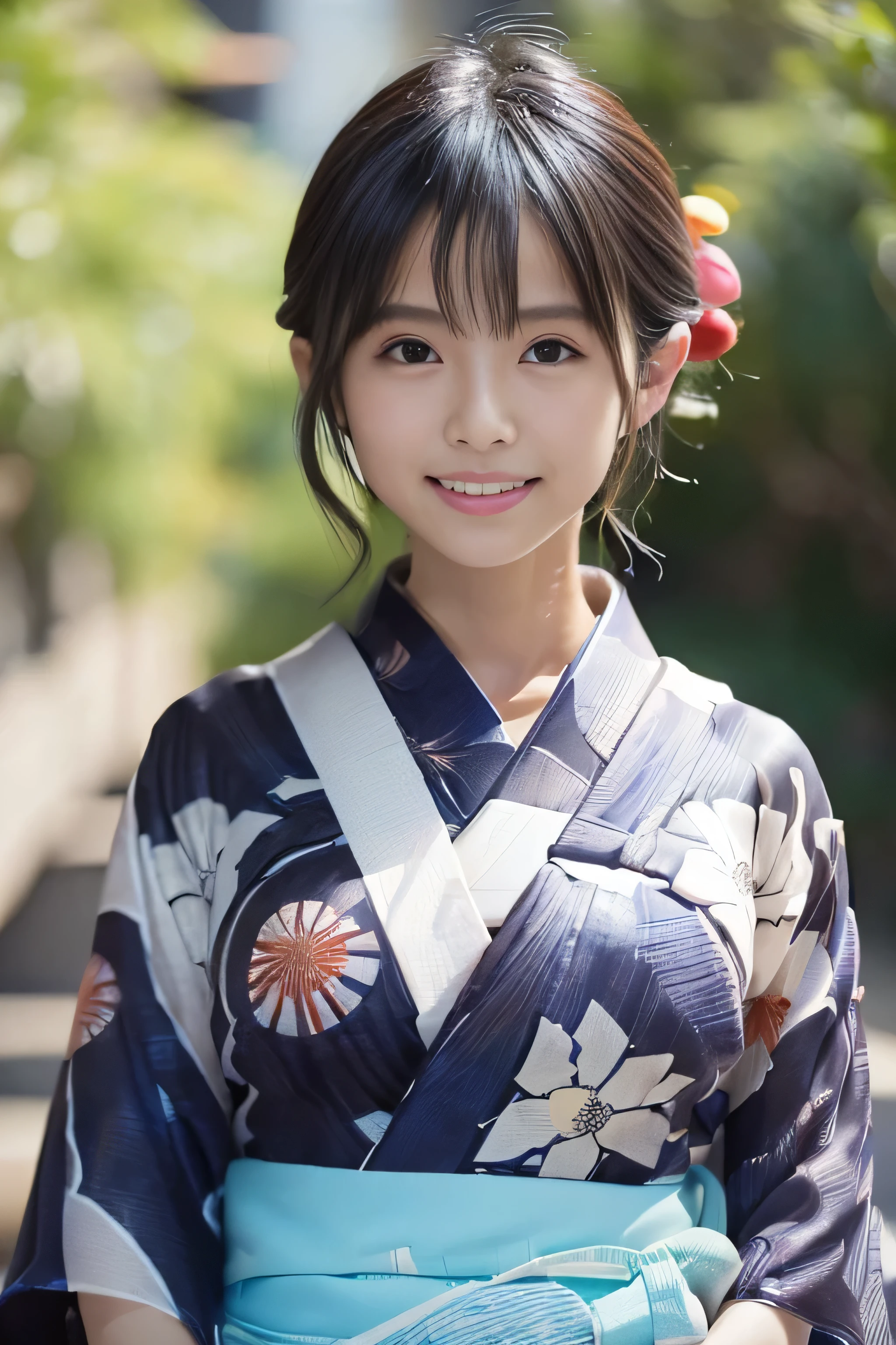 (((A yukata made of thin fabric with a simple pattern:1.4)))、(((Simple obi:1.4))), ((14 years old))、Random Pause、(Highest quality,masterpiece:1.3,Ultra-high resolution,),(Very detailedな,Caustics),(Photorealistic:1.4,RAW shooting,)Ultra-Realistic Capture,Very detailed,High resolution 16K human skin closeup、 Natural skin texture、、Skin tone is even and healthy looking、 Use natural light and colour,1 girl,Japanese,cute,Black-haired,Medium Straight Hair, (((Huge bust:1.4))), smile,,(Written boundary depth、chromatic aberration、、Wide range of lighting、Natural Shading、)、(Kimono with open front),