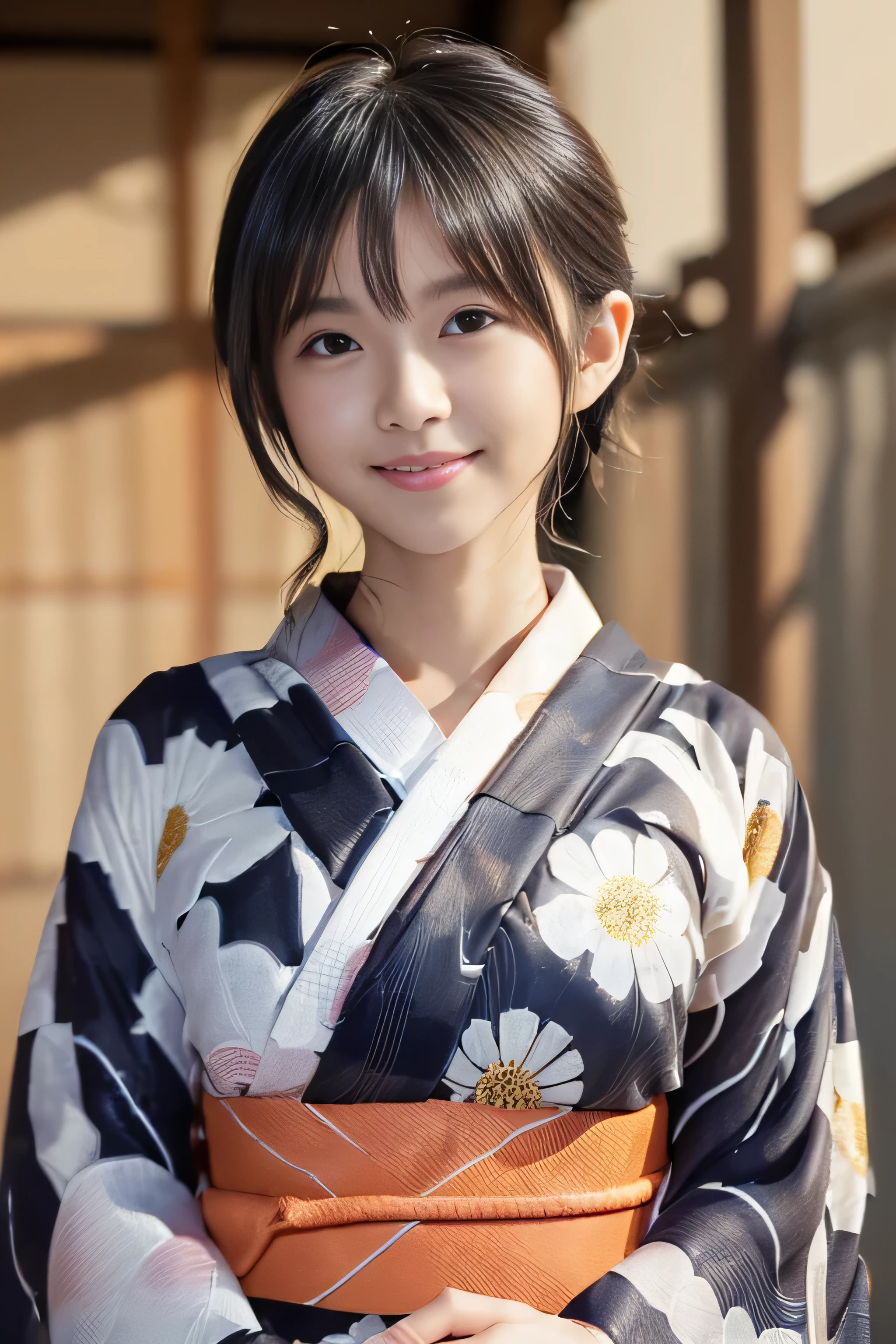 (((A yukata made of thin fabric with a simple pattern:1.4)))、(((Simple obi:1.4))), ((14 years old))、Random Pause、(Highest quality,masterpiece:1.3,Ultra-high resolution,),(Very detailedな,Caustics),(Photorealistic:1.4,RAW shooting,)Ultra-Realistic Capture,Very detailed,High resolution 16K human skin closeup、 Natural skin texture、、Skin tone is even and healthy looking、 Use natural light and colour,1 girl,Japanese,cute,Black-haired,Medium Straight Hair, (((Huge bust:1.4))), smile,,(Written boundary depth、chromatic aberration、、Wide range of lighting、Natural Shading、)、(Kimono with open front),
