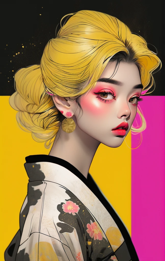 (best quality, sketch:1.2),realistic,illustrator,anime,1 girl, detailed lips, kimono,custom, black and gold gradient background,neon hair,textured cropping, masterpiece, style retro classic, noir style