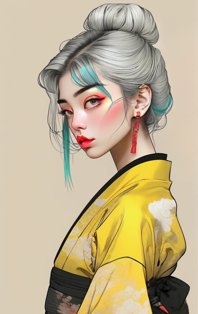 (best quality, sketch:1.2),realistic,illustrator,anime,1 girl, detailed lips, kimono,custom, black and gold gradient background,neon hair,textured cropping, masterpiece, style retro classic, noir style 