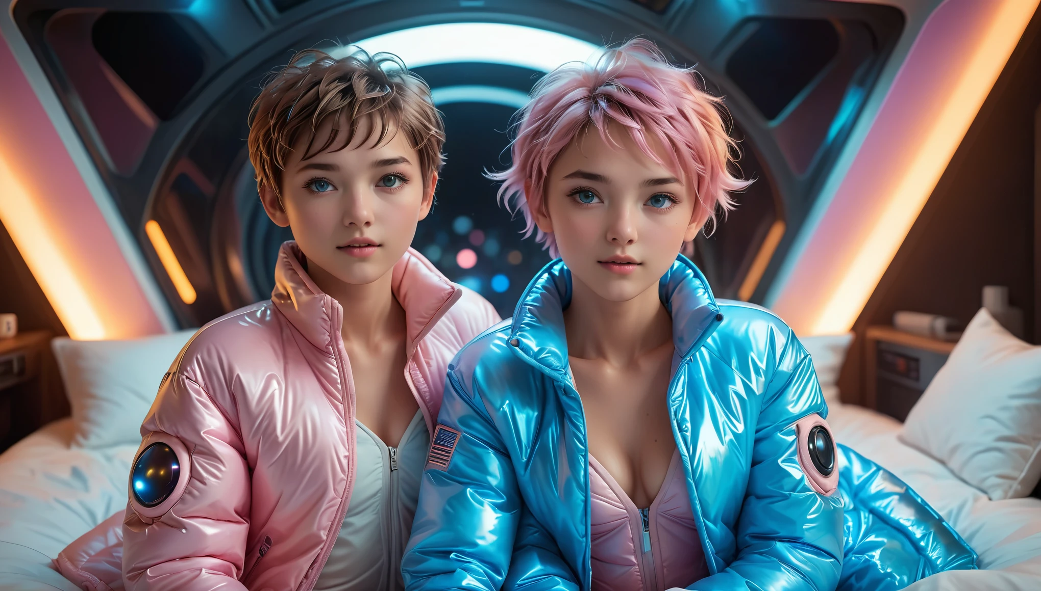Top Quality, Masterpiece, High Resolution, 8k, ((2 cute barely legal girls in light pink blue open shiny puffer with plunging neckline, short sleeves, wide neckline, deep neckline, small perky breasts, extremely detailed face, detailed slightly open eyes, beautiful detailed lips, short asymmetrical pixie hair, small hips)), in a spaceship, on bed, intricate details, at night, backlit, random neon color, full body shot, view from distance, random pose