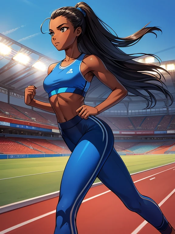 (Masterpiece, Best Quality, extremely detailed, 1 girl, Alone), girl, Teenage female, Athlete girl dressed in blue sports bra and blue leggings, in running position getting ready to run, black skin, long hair, Slim and toned body, the background is an athletics track