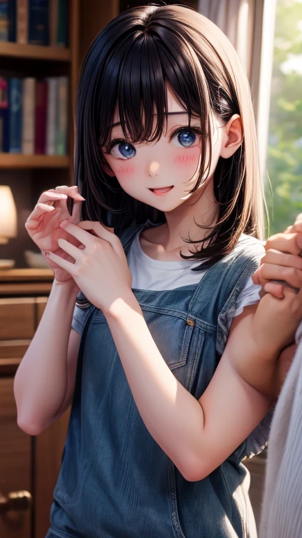 Highest quality、8K quality、A 20-year-old woman hiding her breasts with both hands、Deep U-neck T-shirt、Short skirt、Beautiful thighs、Soft Breasts、Looking up at the photographer、Shooting from the top of the front、Well-groomed, Adult face、Beautiful cleavage、When bending over, Clothes come off、(Skinny body type:1.1), (Flat Chest:1.2),