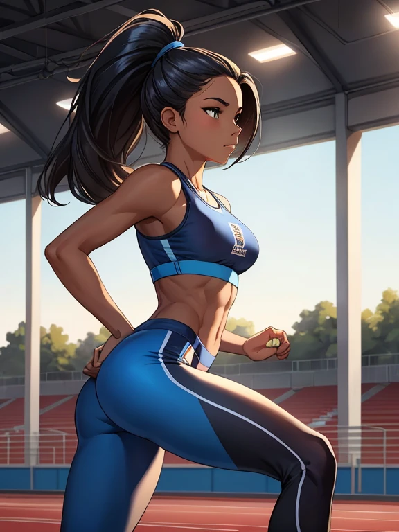 (Masterpiece, Best Quality, extremely detailed, 1 girl, Alone), 16 years old girl, Teenage female, Athlete girl dressed in blue sports bra and sports shorts in running position getting ready to run, black skin, long hair, Slim and toned body, the background is an athletics track