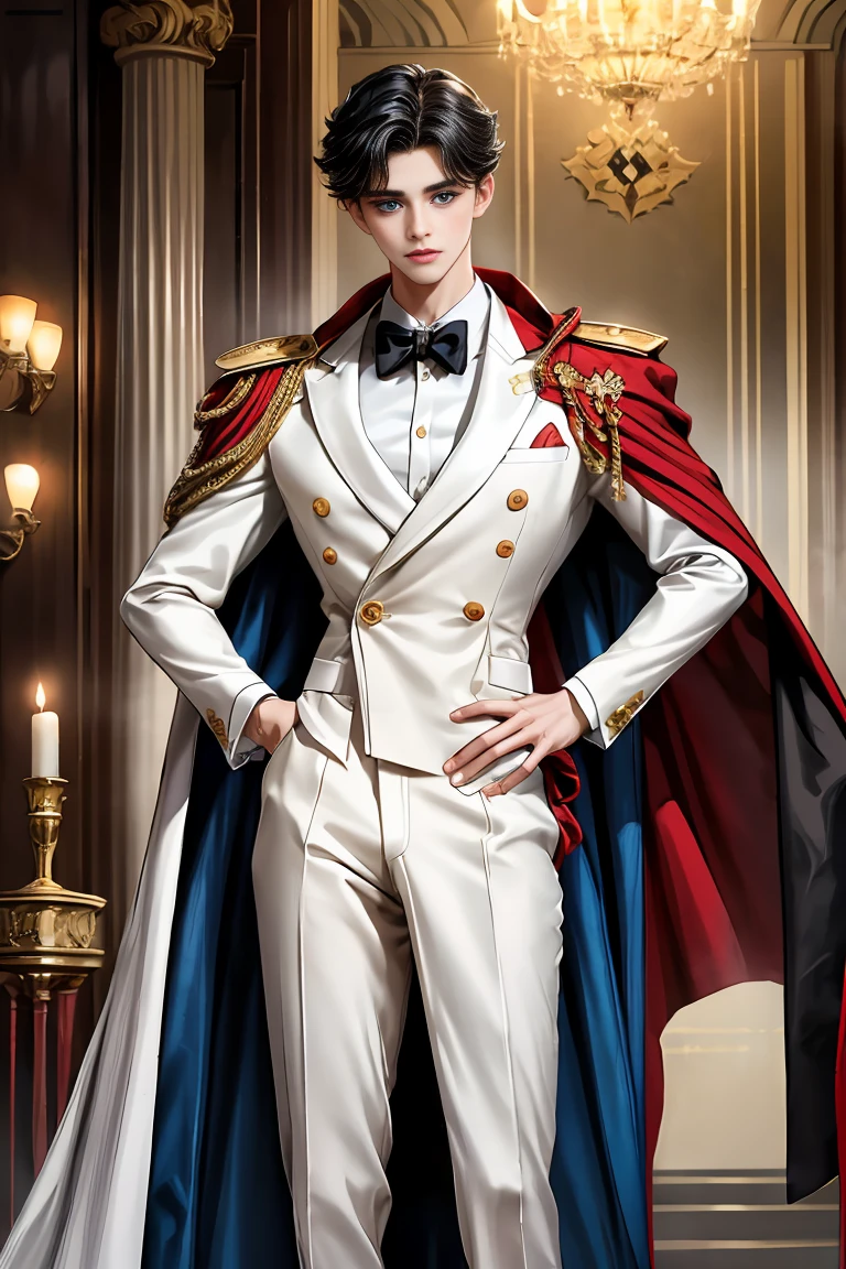 masterpiece, 最high quality, high quality, 1 boy, alone, Male focus, Watching the audience, Messy black hair, Adorable big blue eyes, White, Noble, Noble,A sexy, voluminous, puffy cape、tuxedo、A very voluminous, large, very large, very large, long, long red and black cape with a high stand-up collar, made of a lot of fabric that reaches down to the floor., ,Cute beautiful boys,Cute, cute, kind, handsome guy
