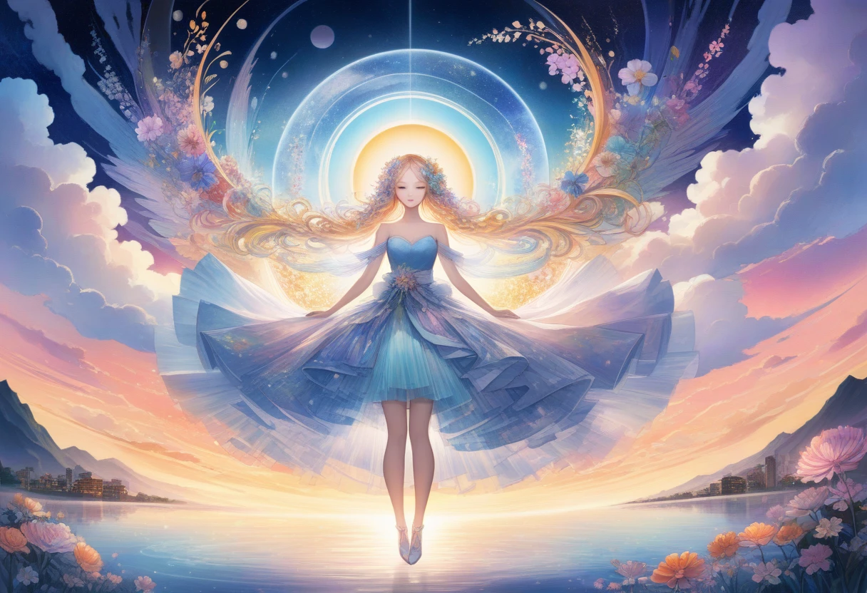 girl beauty layered dress, bare shoulders, full body, wearing skirt, Japanese city background, acrylic: watercolor art, professional photography, light orange and light blue ratio, natural lighting, volumetric lighting maximalist photo illustration: 8k resolution concept art intricately detailed, complex, elegant, expansive, fantastical by Dave McKean art by Lisa frank and Karol Bak and Kirsty Mitchell. surreal, ethereal, dreamy, mysterious, fantasy, highly detailed, perfect composition Spiraling Double exposure blossom Flowers made of transparent glass blooming Digital watercolor Illustration, Stylized watercolor art, Intricate, Complex contrast, HDR, Sharp, soft Cinematic Volumetric lighting, sweet, serene, dreamy pastel colors, wide long shot, perfect masterpiece, vector cubist Japanese sunset background, astral cosmic illustration mixed media by Pablo Amaringo, heavenly sunshine beams divine bright soft-focus holy in the clouds,