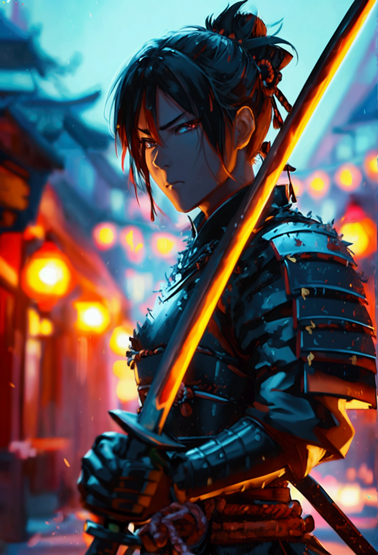 Samurai ready to fight，Neon Light，dark fantasy vibe，evening，8k，Cinema Lighting，With a sword，Pylon，Rios，Fully Armed