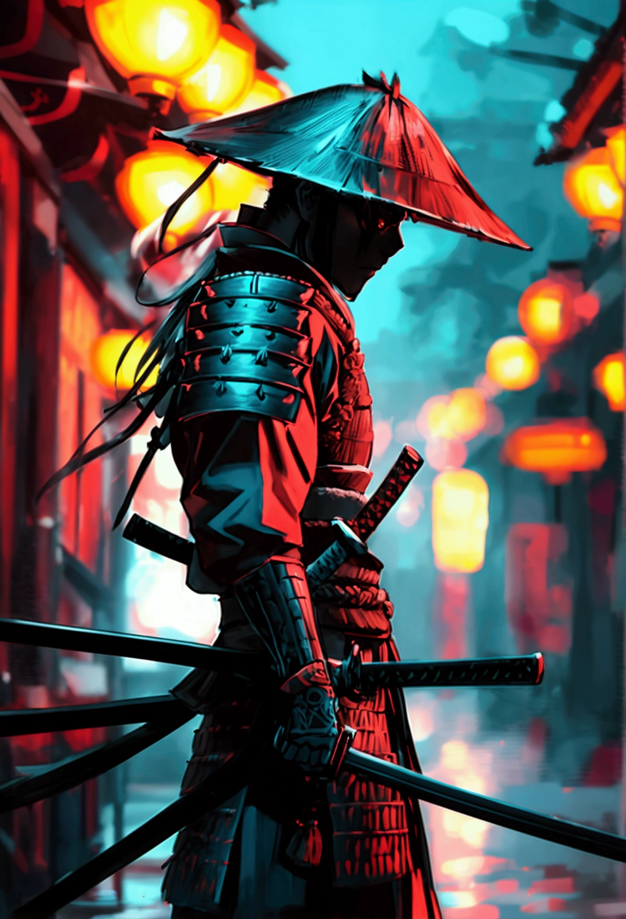 Samurai ready to fight,Neon Light,dark fantasy vibe,evening,8k,Cinema Lighting,With a sword,Pylon,Rios,Fully Armed