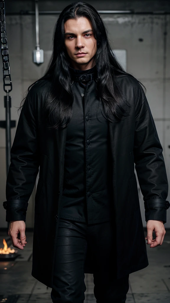 boys, 26 Years old, Serious face, long black hair, blue eyes, clean face, ((no facial hair)), flowing hair, wearing ((black high collar coats)), gray round neck shirts, black trousers, high cut boots, hands cross on chest, flames, chains, levitate 