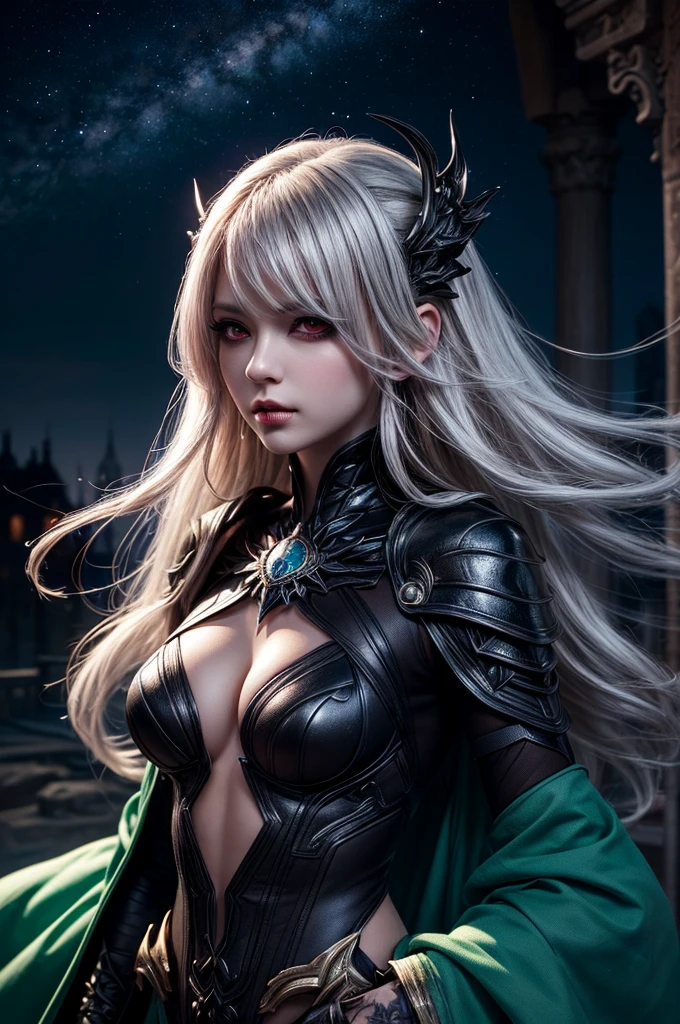 In the middle of ruined old castle there is beatiful undead lich queen who stand under the stary night sky, she have beatiful face, long silver hair with pink highlights her eyes is emerald green red lipsick and smoky eyes make up, her naked tattooed body cover only with black transparent spider web vail, (ultra high quality fantasy art, dark fantasy style, masterpiece, ultra high quality character design, 8k quality anime art, realistic anime art, top quality wallpaper illustration, detailed ultra high quality accurate face, high quality design and accurate physic)
