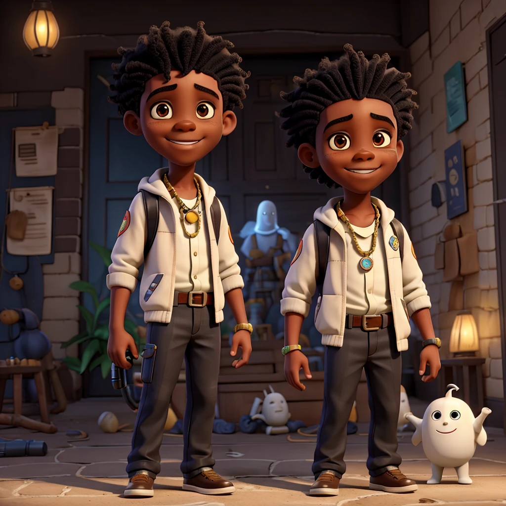 An African American boy with hair below his collar wearing a money bale Ghostbusters costume, diamond chains, a gun and a giant ghost behind it smiling