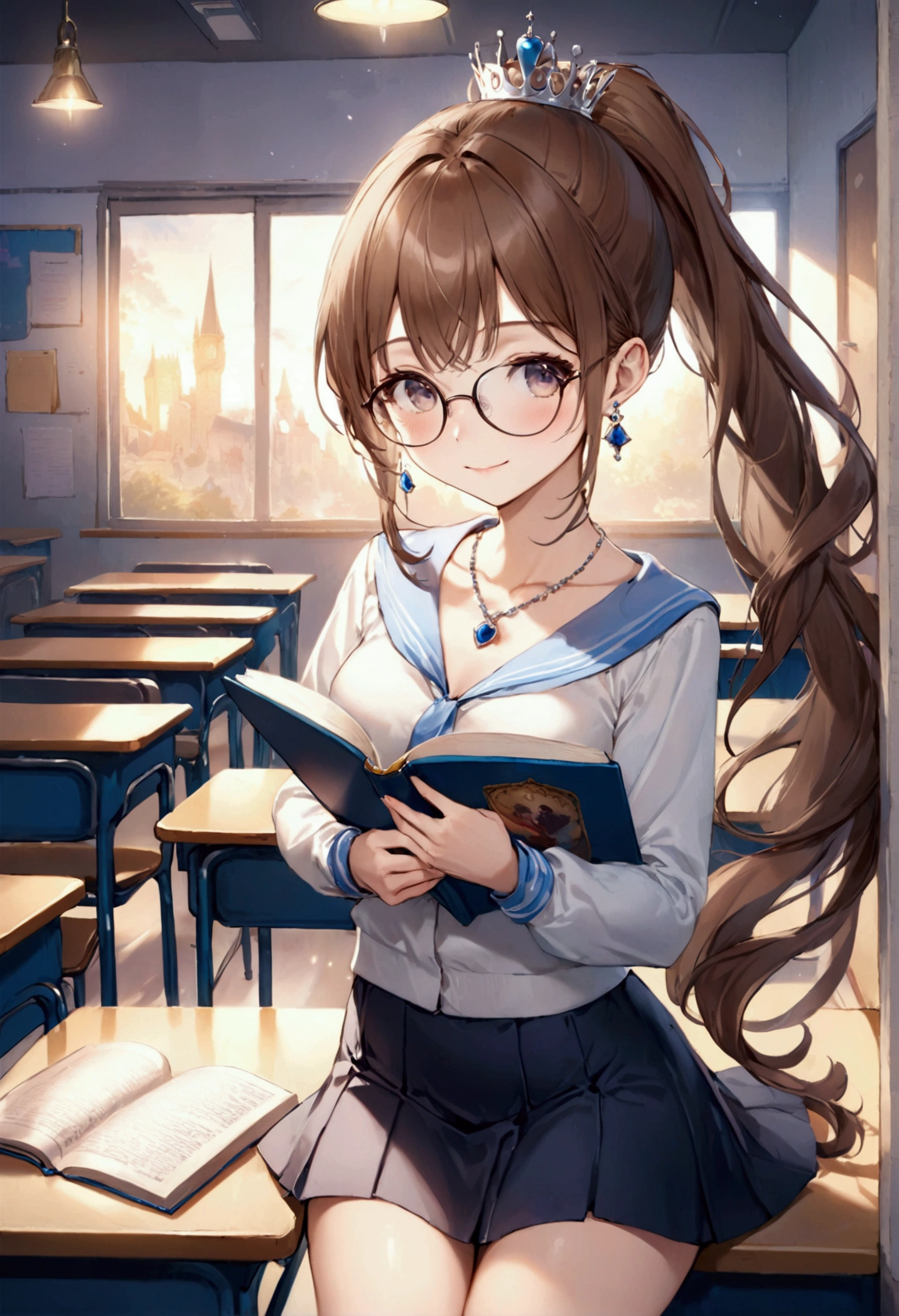 (Highest quality, 8k, 32K, masterpiece, Ultra-high resolution,:1.2),to be born, One Girl,So cute , A fantasy classroom background, clear, Shining Eyes, Age 25 ,Fair skin, Brown-haired girl, Fantasy Clothing, Long Hair, An innocent smile, ponytail, night, Royal Queen, Earrings, necklace, Girl with brown skin, mini skirt, Glasses, Reading, Classroom