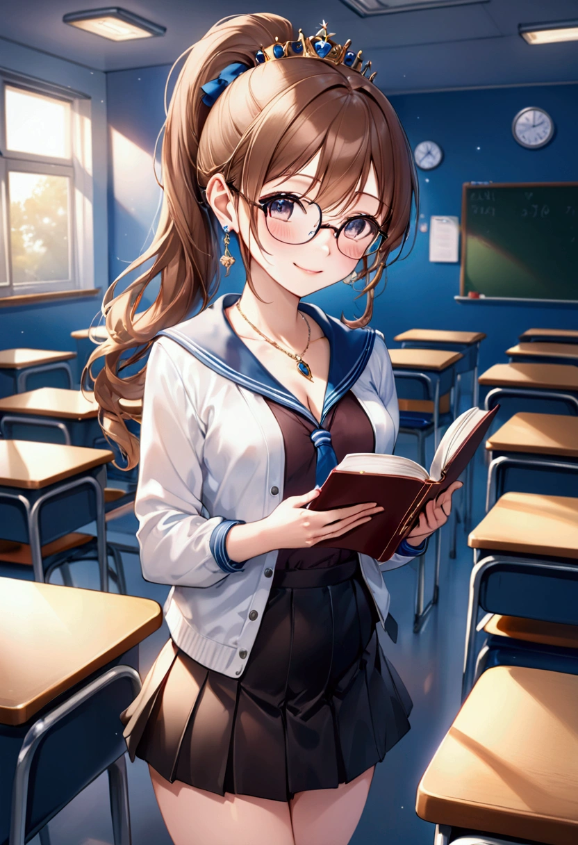 (Highest quality, 8k, 32K, masterpiece, Ultra-high resolution,:1.2),to be born, One Girl,So cute , A fantasy classroom background, clear, Shining Eyes, Age 25 ,Fair skin, Brown-haired girl, Fantasy Clothing, Long Hair, An innocent smile, ponytail, night, Royal Queen, Earrings, necklace, Girl with brown skin, mini skirt, Glasses, Reading, Classroom