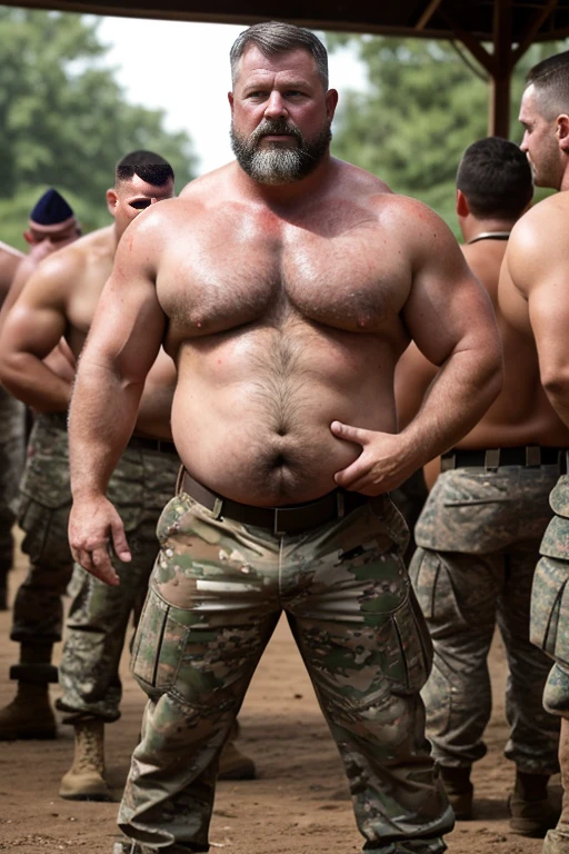 (Best quality, hyper realistic, photorealistic, cinematic, film grain, intricate details, erotic, full body shot, panoramic shot) a photo of a handsome sweaty soldier (old, redneck, beefy fat bear, mature daddy, wearing military gear, face covered in cum, redneck, rough rural daddy, masculine, bear, dilf, middle aged, dad bod, big round belly, raunchy) standing in line next to other soldiers, soldier surrounded by dirty filthy men, semen in belly, semen in face, sweaty hot humid day, sweaty beefy soldier surrounded by filthy dirty men, dirty raunchy men