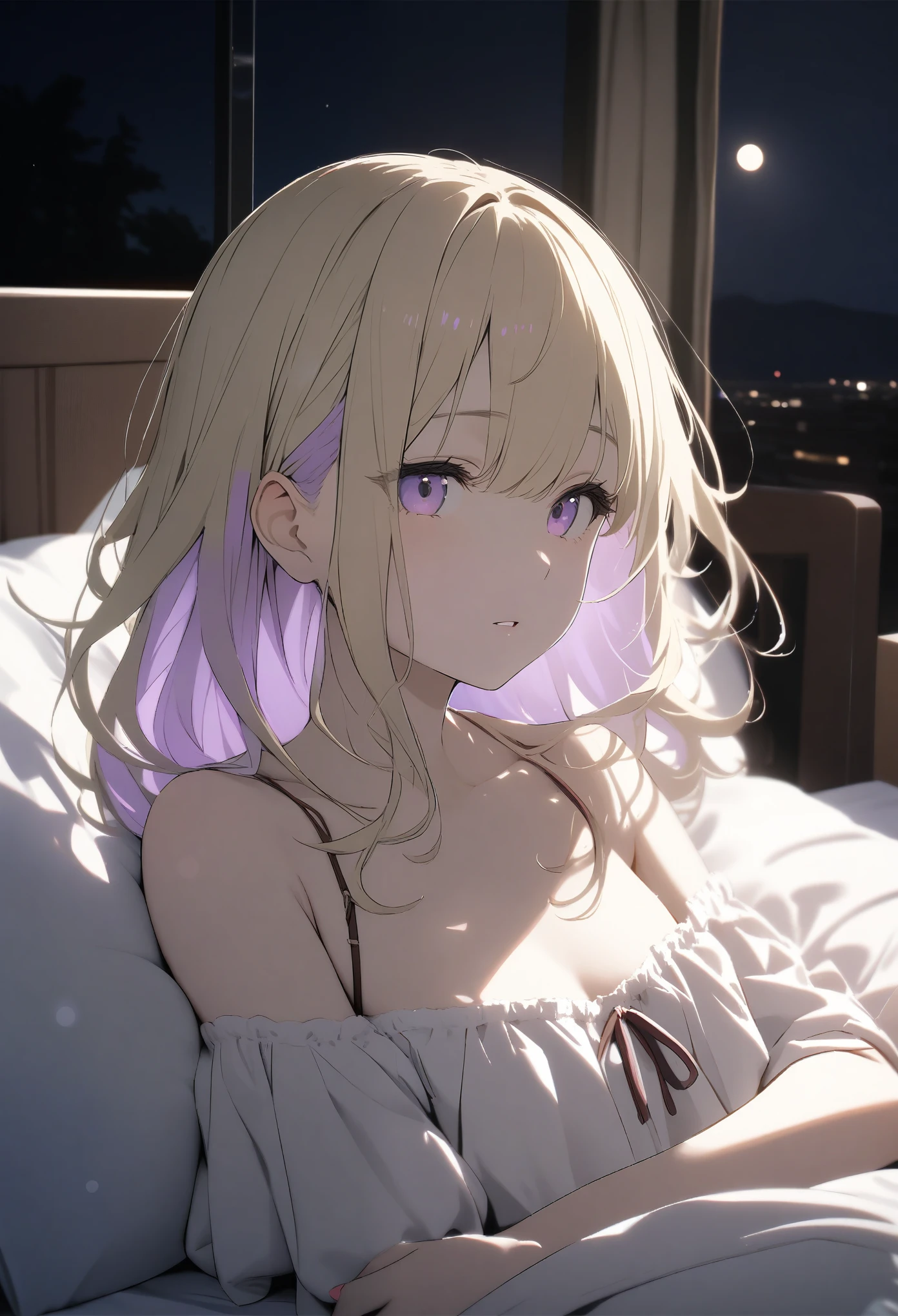 , ((Sexy luxury in red and pink))、(Blonde、Light purple inner color hairstyle), Beautiful Hair, Facial Contour, Remember, Hotel, moonlight、splash, Lens flare,, Natural Color, High resolution, Very delicate, Very detailed, 8k,（Breast swelling、About B cup）、(Shyness),((Sexual))、bed、(Sexualな画角)