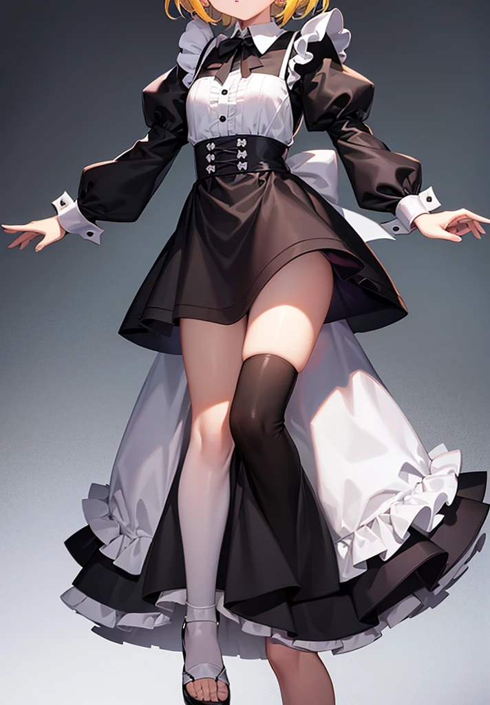 ((Maid)),Frills,Cute little ,Tiny ,Small girl,,Childish face, Very fine clean face,Top quality,Straight Hair,Yellow hair,(Dark Room), Subtle light, Natural light,Soft lighting,Light from directly behind, (Are standing),Front view,Black background