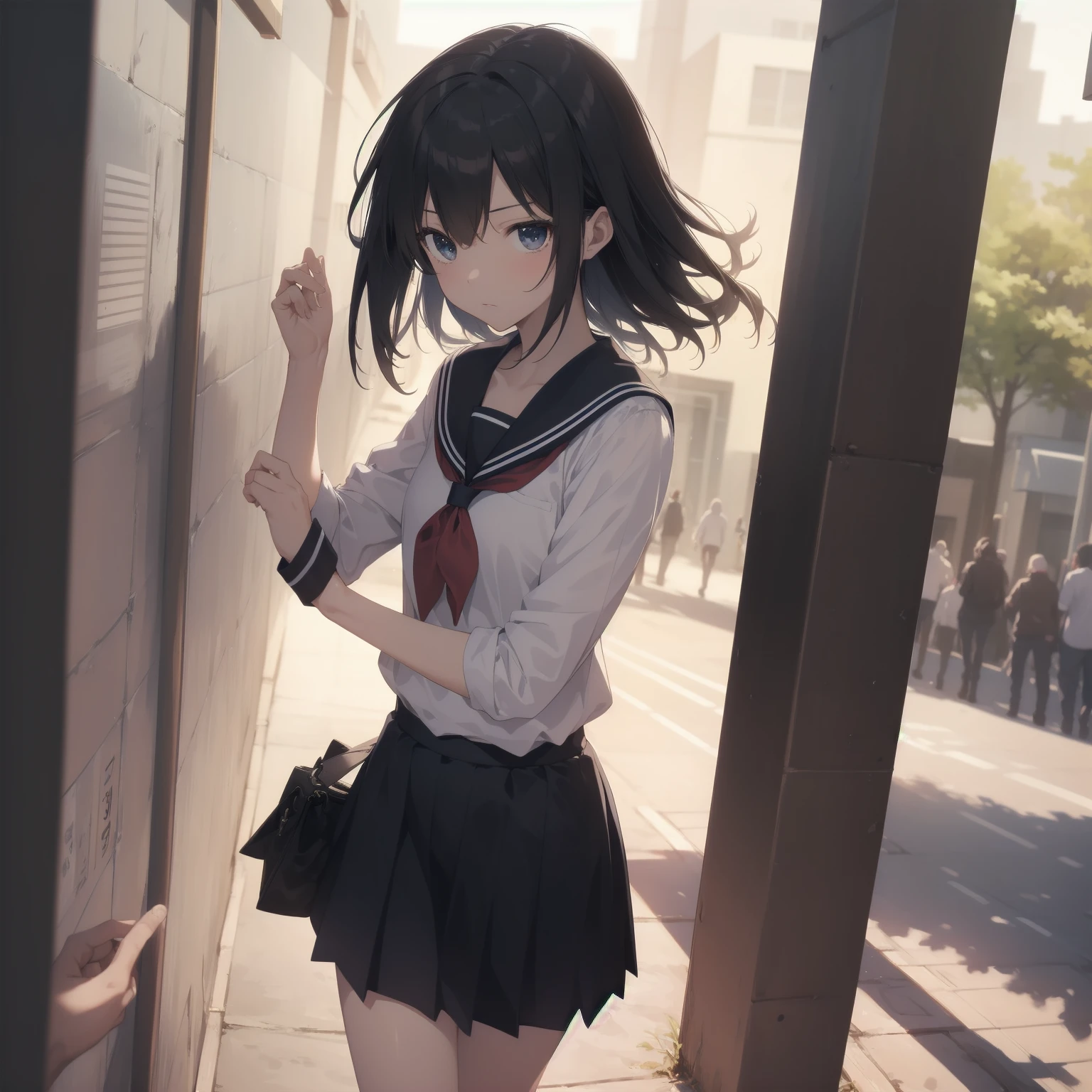 ultra-absurdres-Top quality by artist God, ultra-detailed, high resolution, anime moe artstyle, best anime 8k konachan wallpaper, pixiv contest winner, pool:2810, perfect ???????,break, 1girl, (Please draw a girl walking sleepily to school alone. )break,(Solo,little female, 13-year-old:1.3),Full limbs, complete fingers,a junior high school student, (very short hair), short cut, flat chest, , small butt, small black eyes, beautiful detailed eyes, well-proportioned iris and pupils, expressive eyes, highres detailed hair, soft expression, salor school_uniform, sailor collar, serahuku, bow, pleated skirt,(Detailed Lighting), (Detailed background), in the School commute route. break,super detailed skin, Best cinematic lighting powered by famous artist, 8k,beauty illustration,photoshop_(medium),very aesthetic,break,((artist:haruhisky )), artist:clamp ,artist:carnelian ,artist:kantoku ,
