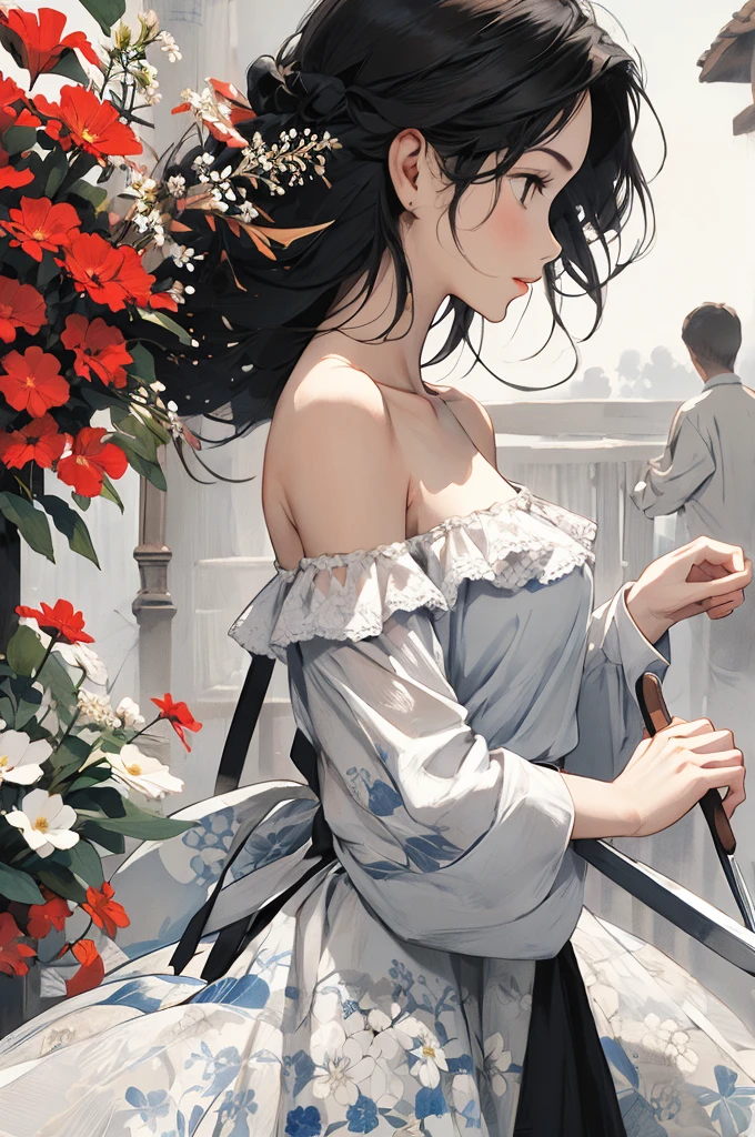 Off-the-shoulder attire,one-girl,Chopping,frontage,sportrait