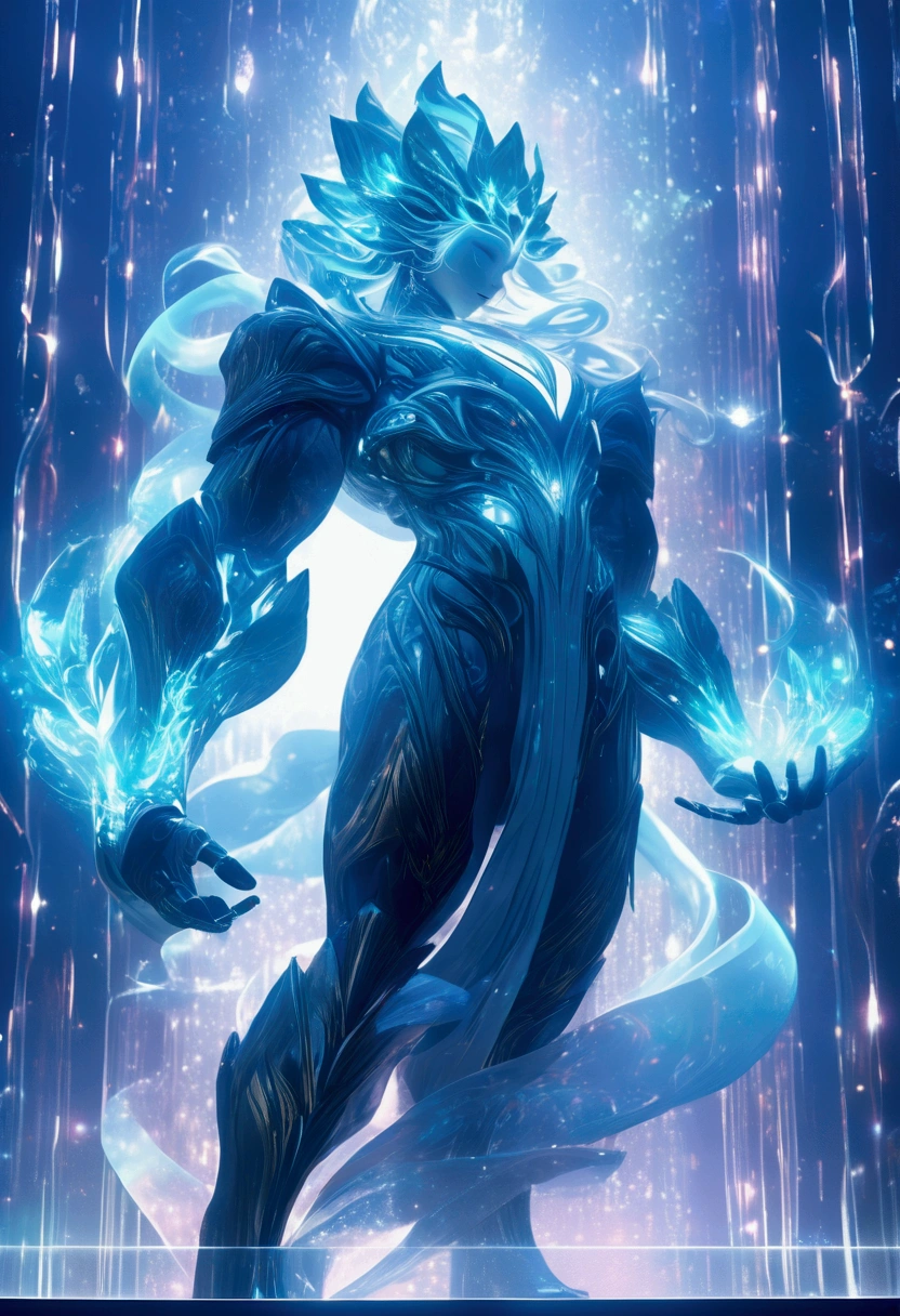 (Award-Winning Moment, holding prize), The winner stands on a transparent holographic stage surrounded by flowing data streams and light and shadow effects. The trophy is made of high-tech materials, shining with a futuristic light. The screen adopts cool tones, showcasing the perfect fusion of technology and art, full body, award-winning, cinematic still, emotional, vignette, dynamic, vivid, (masterpiece, best quality, photorealistic, Professional, perfect composition, very aesthetic, absurdres, ultra-detailed, intricate details:1.3)
