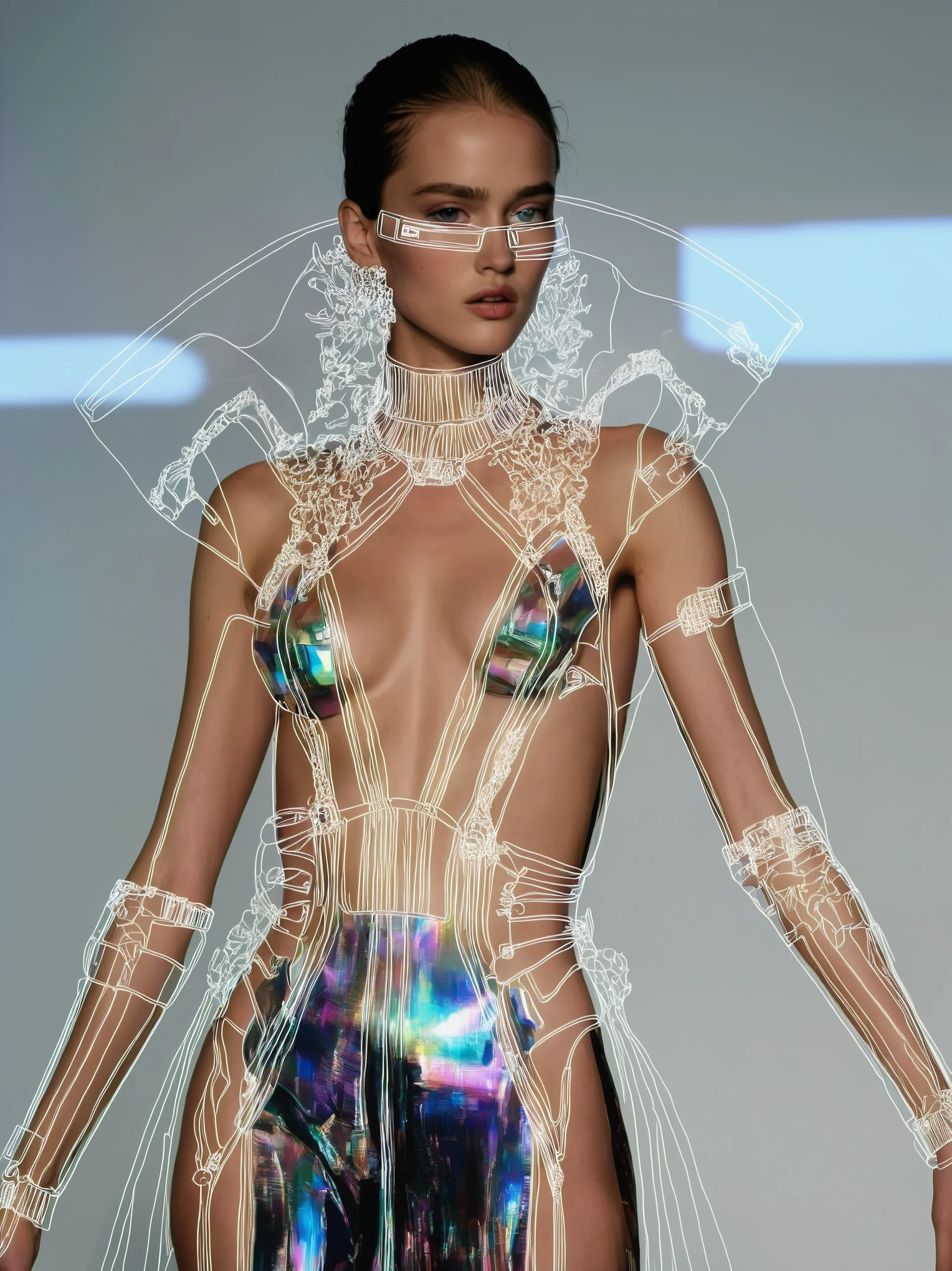 A cyber-couture revelation unfolds with a data-driven diva adorned in holographic haute couture, her glitched elegance a sight to behold.,