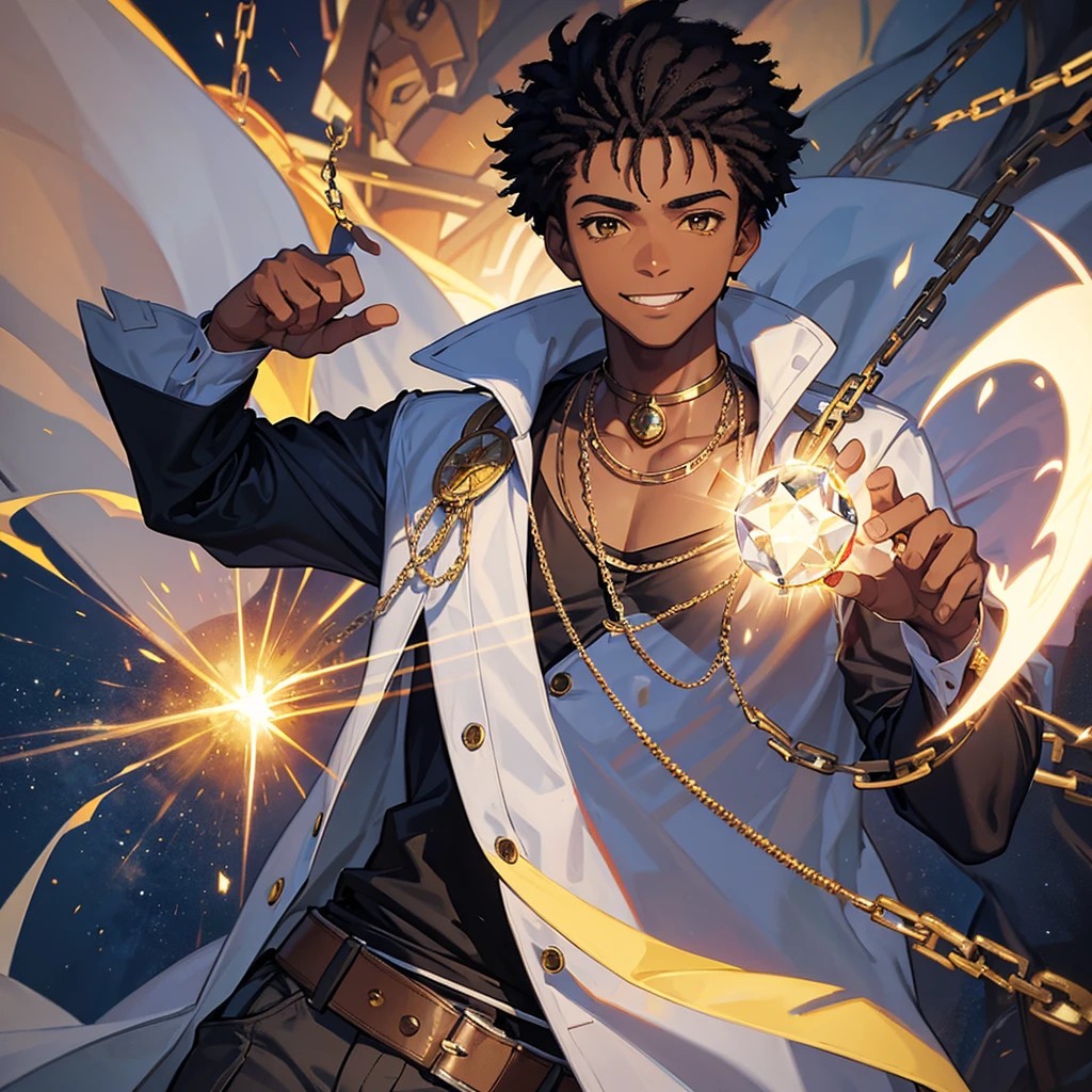 An African American boy with hair below his collar wearing a money bale Ghostbusters costume, diamond chains, a gun and a giant ghost behind it smiling 