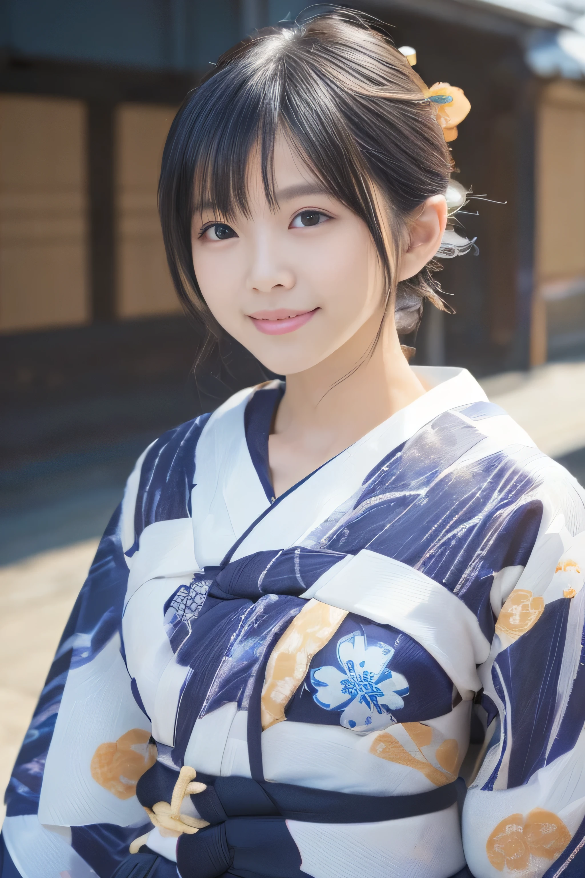 (((A yukata made of thin fabric with a simple pattern:1.4)))、(((Simple obi:1.4))), ((14 years old))、Random Pause、(Highest quality,masterpiece:1.3,Ultra-high resolution,),(Very detailedな,Caustics),(Photorealistic:1.4,RAW shooting,)Ultra-Realistic Capture,Very detailed,High resolution 16K human skin closeup、 Natural skin texture、、Skin tone is even and healthy looking、 Use natural light and colour,1 girl,Japanese,cute,Black-haired,Medium Straight Hair, (((Huge bust:1.4))), smile,,(Written boundary depth、chromatic aberration、、Wide range of lighting、Natural Shading、)、(Kimono with open front),