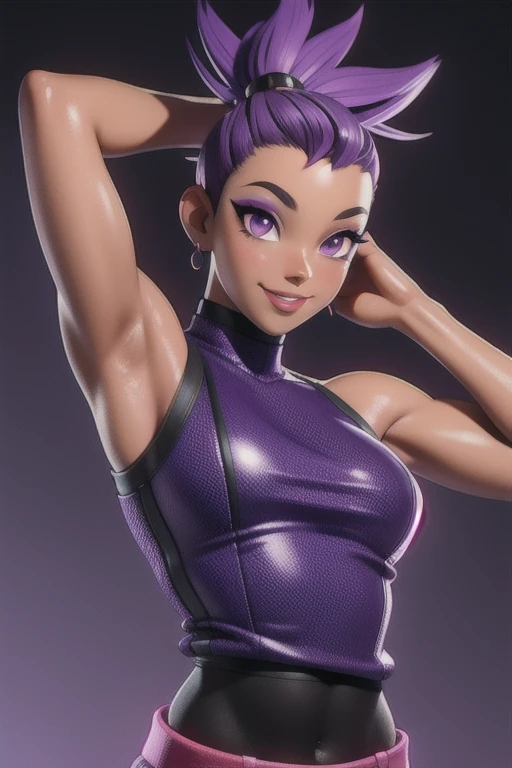 masterpiece, best quality,3d rending work ,3DMM style 3D,1african American girl, solo, realistic, (outside background), makeup, perfect lighting, seductive look, seductive smile, smile, yamanaka ino purple hair, Mohawk, purple eyes, purple clothes, sleeveless, armpits, midriff, sexy tummy, detailed skin, realistic skin texture, sweaty skin, skin pores, African American girl.