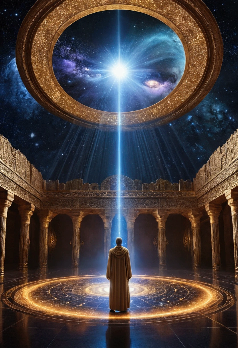 multidimensional space，wonderful，Unconventional，Otherworldly atmosphere，masterpiece．In the center, a prophet wrapped in a dazzling light