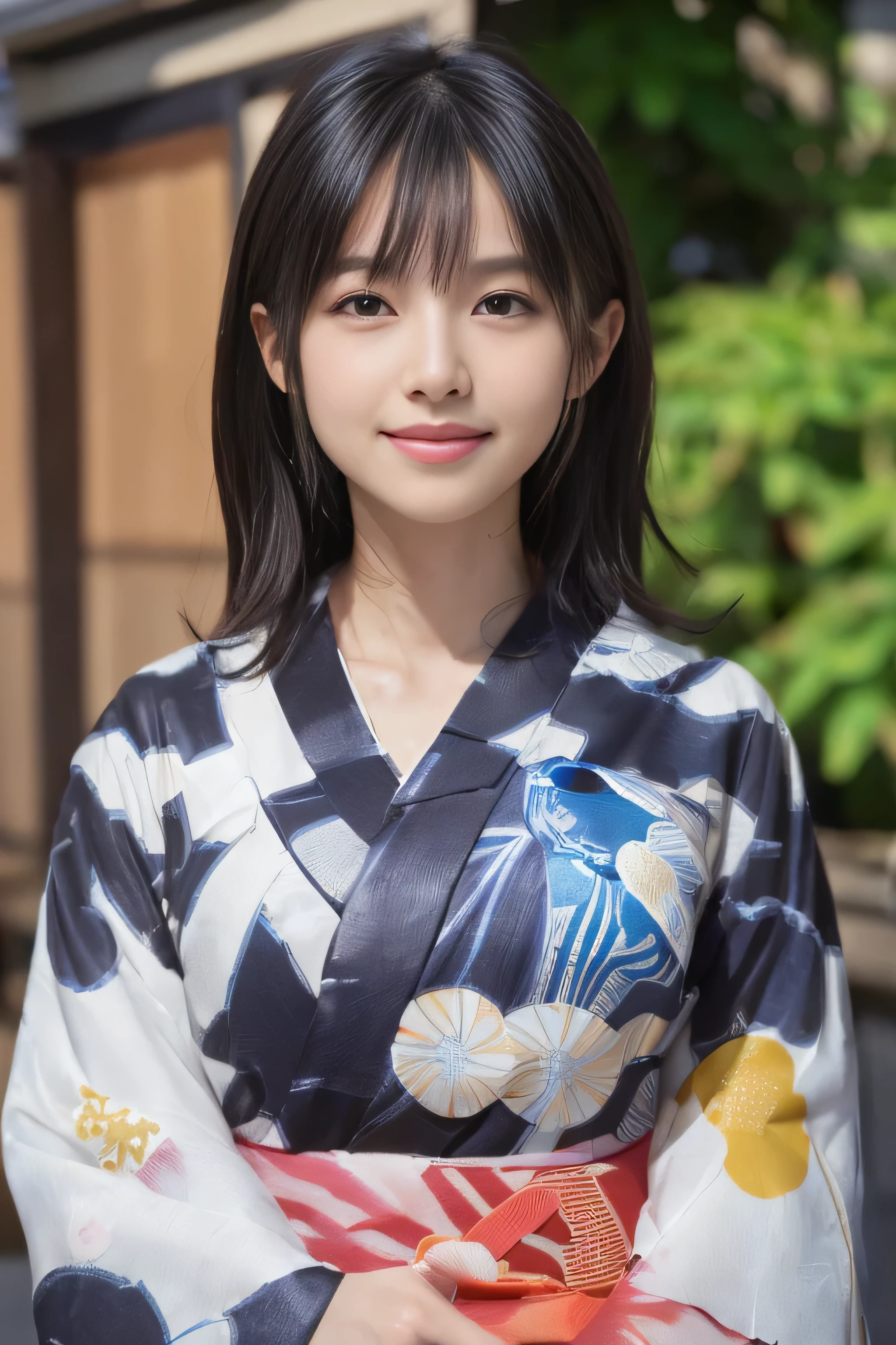 (((A yukata made of thin fabric with a simple pattern:1.4)))、(((Simple obi:1.4))), ((14 years old))、Random Pause、(Highest quality,masterpiece:1.3,Ultra-high resolution,),(Very detailedな,Caustics),(Photorealistic:1.4,RAW shooting,)Ultra-Realistic Capture,Very detailed,High resolution 16K human skin closeup、 Natural skin texture、、Skin tone is even and healthy looking、 Use natural light and colour,1 girl,Japanese,cute,Black-haired,Medium Straight Hair, (((Huge bust:1.4))), smile,,(Written boundary depth、chromatic aberration、、Wide range of lighting、Natural Shading、)、(Kimono with open front),