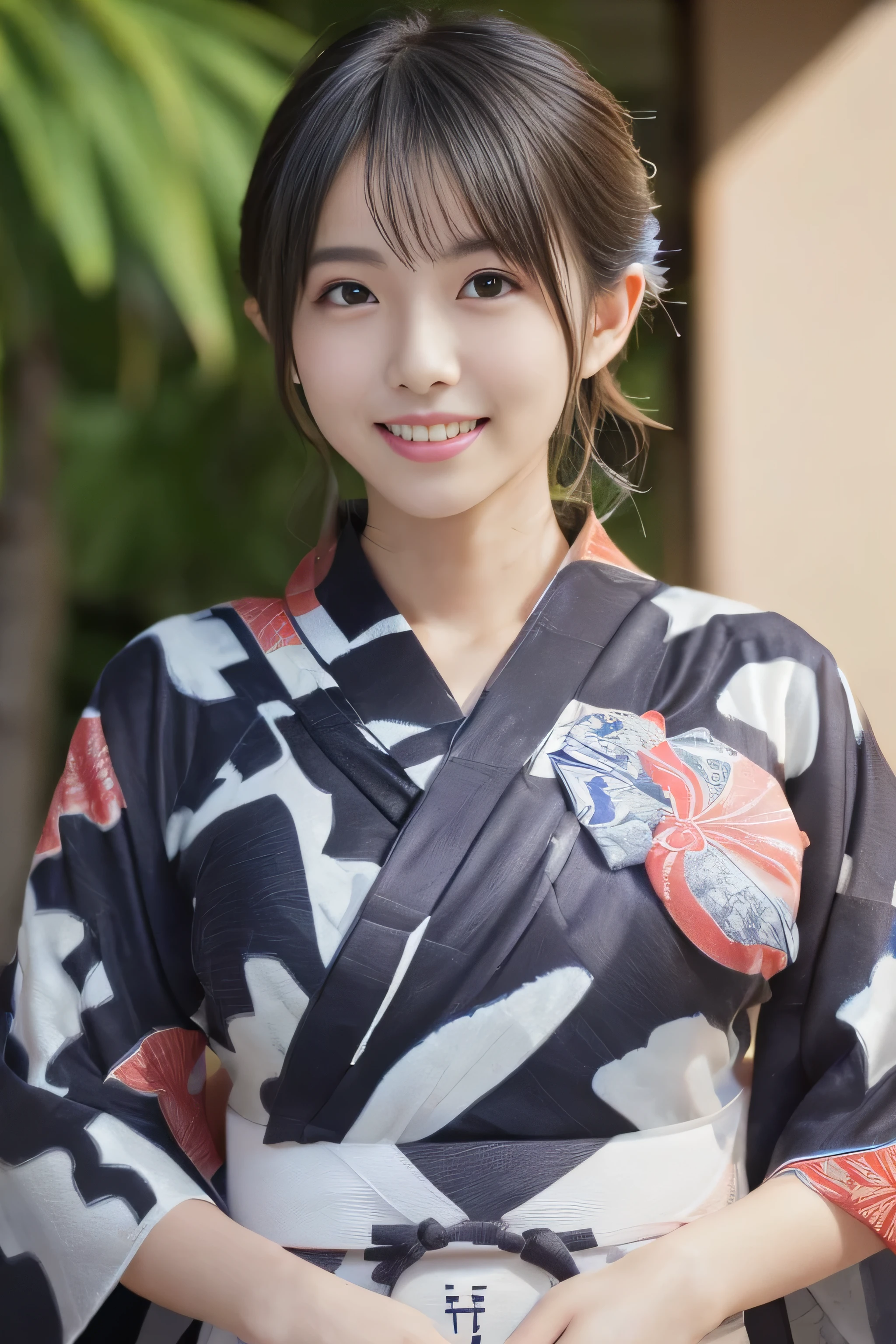 (((A yukata made of thin fabric with a simple pattern:1.4)))、(((Simple obi:1.4))), ((14 years old))、Random Pause、(Highest quality,masterpiece:1.3,Ultra-high resolution,),(Very detailedな,Caustics),(Photorealistic:1.4,RAW shooting,)Ultra-Realistic Capture,Very detailed,High resolution 16K human skin closeup、 Natural skin texture、、Skin tone is even and healthy looking、 Use natural light and colour,1 girl,Japanese,cute,Black-haired,Medium Straight Hair, (((Huge bust:1.4))), smile,,(Written boundary depth、chromatic aberration、、Wide range of lighting、Natural Shading、)、(Kimono with open front),